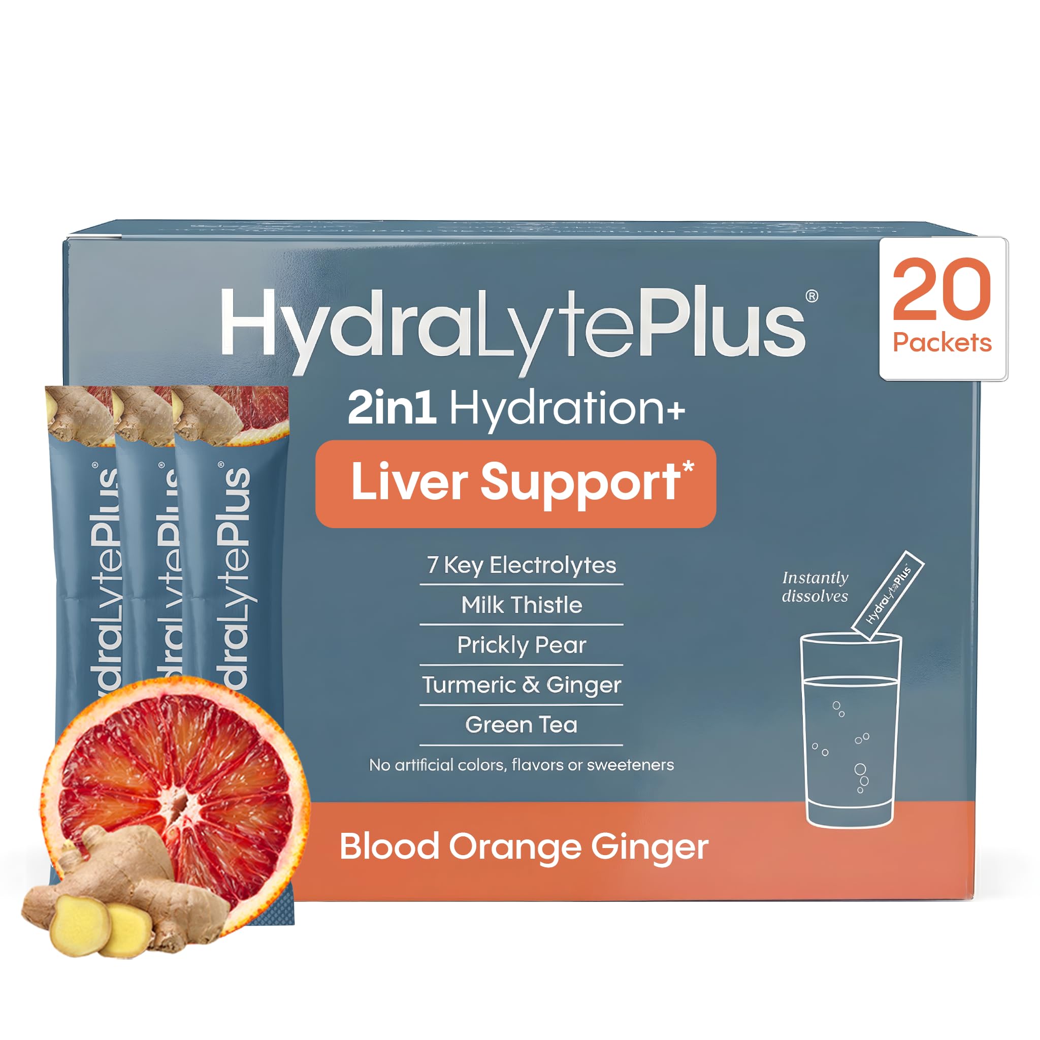 Hydralyte Liver Support + Electrolyte Mix with Milk Thistle, Turmeric, Ginger, Prickly Pear, Green Tea Extract Formulated for Rapid Rehydration (Blood Orange Ginger, 20 Packets)