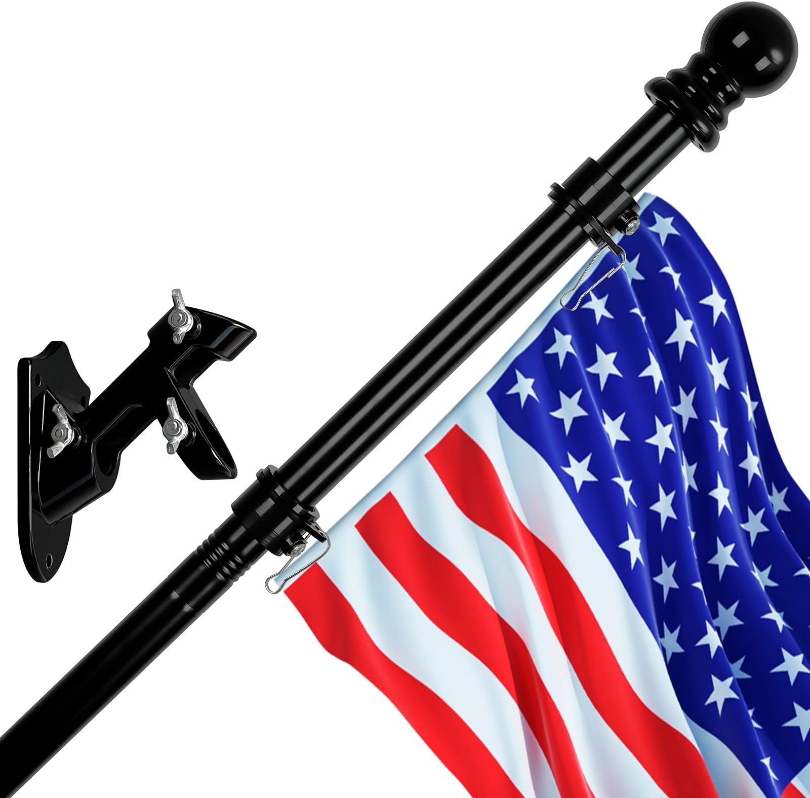 Flag Pole for House, 6 FT Flagpole Kit, American Flag with Pole and Bracket, Stainless Steel Professional Black Flag Pole for House Garden Yard, Residential or Commercial Flag Pole