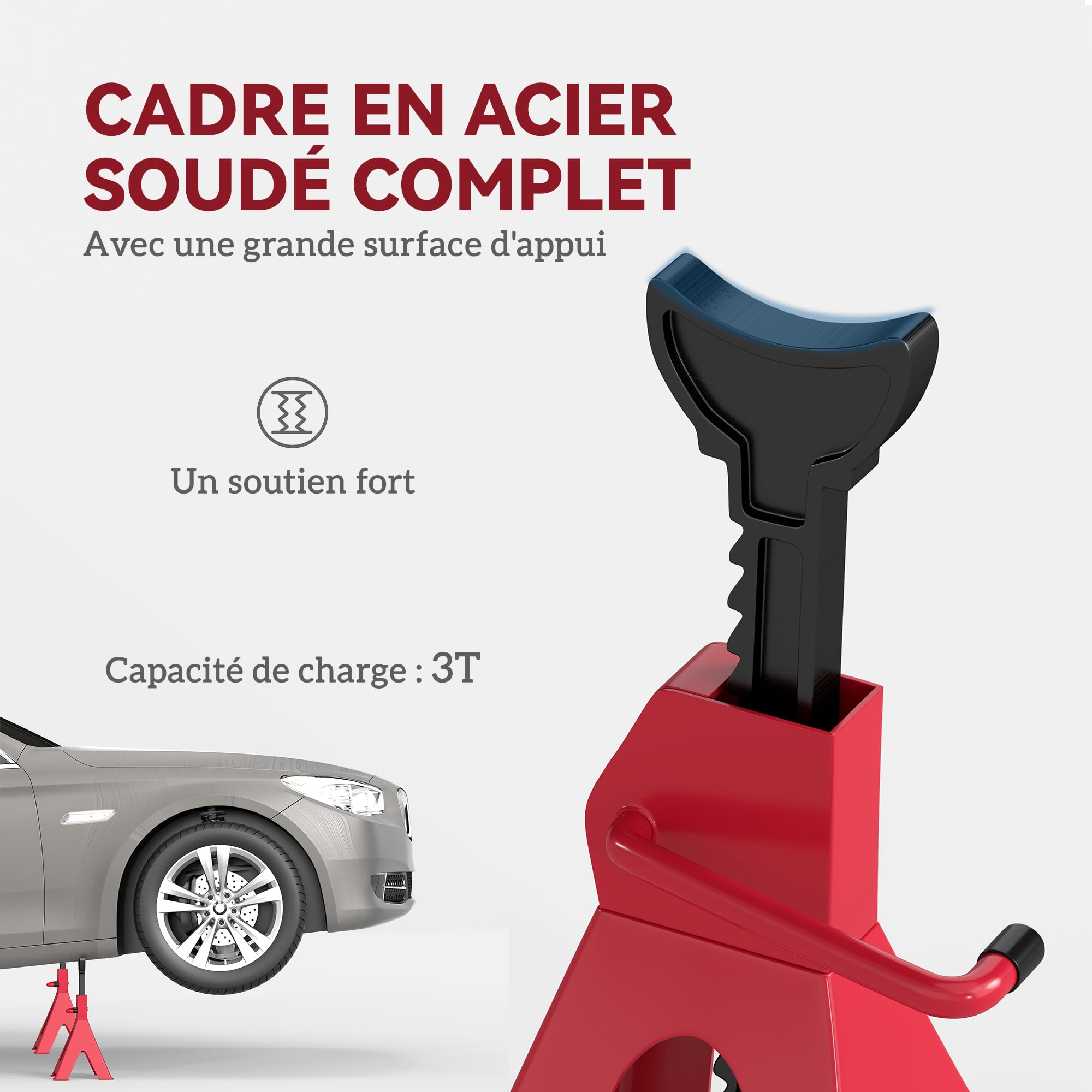 HOMCOM Lot de 2 chandelles Voiture chandelles de Levage capacité 3 tonnes, Hauteur réglable de 290 à 425 mm, Grande Base avec goupille de sécurité, pour véhicule, Caravane, Atelier, Garage, Rouge