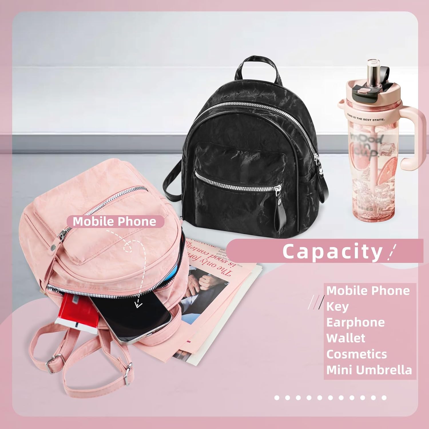 Mini Backpacks, PU Leather Ladies Backpack Small Backpack for Women, Cute Small Backpacks (pink) - Image 4