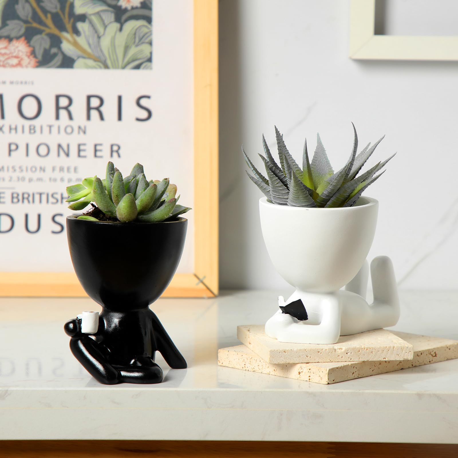 2 Pcs Human Shaped Succulent Planters Pots Home Decor Mini Decorative Pots for Plants Coffee and Book Posed Person Pots Coffee Bar Decor Cute Flower Pots Gift for Book Lover Coffee Lovers