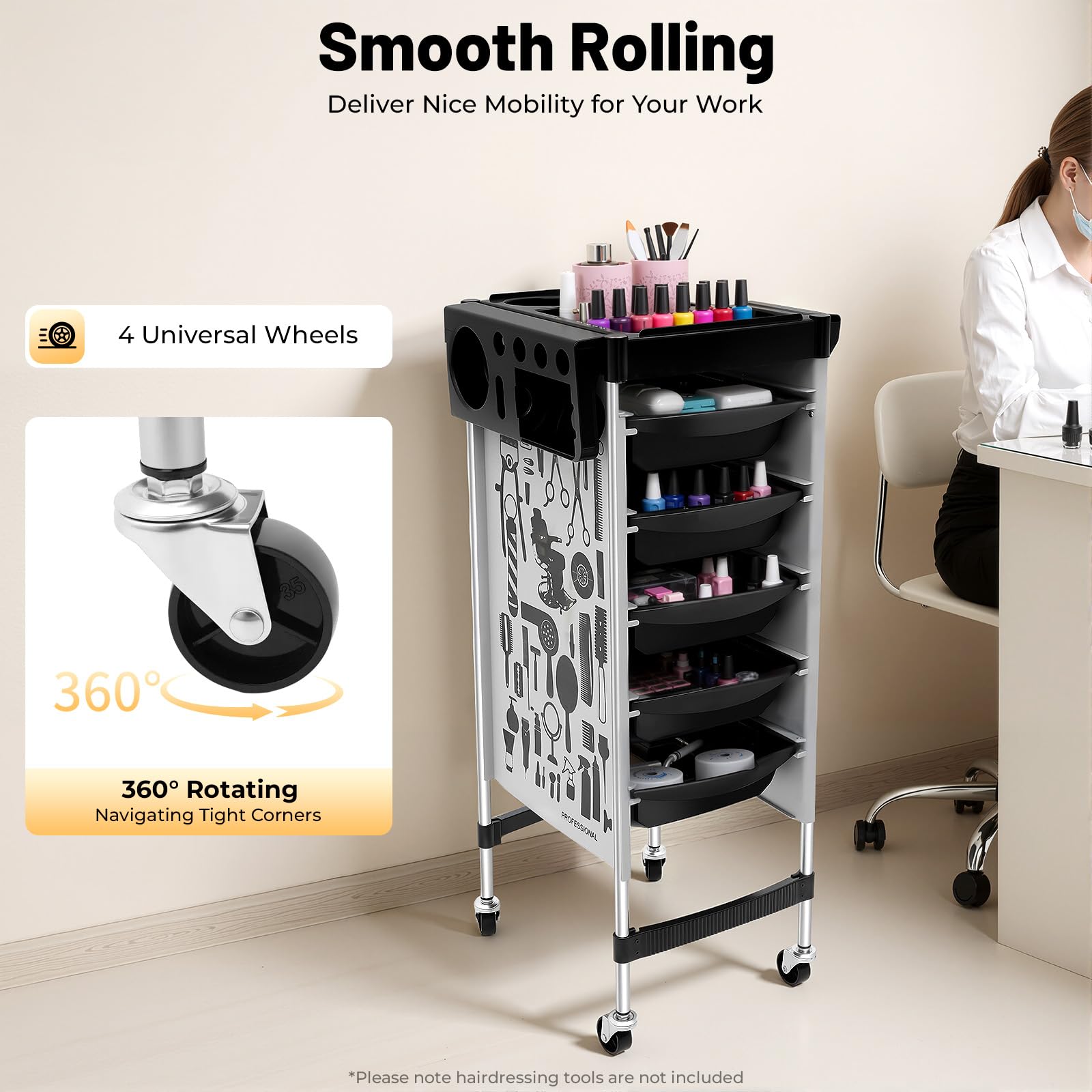 Chariot de coiffeur 5 tiroirs 6 étages - Chariot de travail pour salon de beauté - Blanc