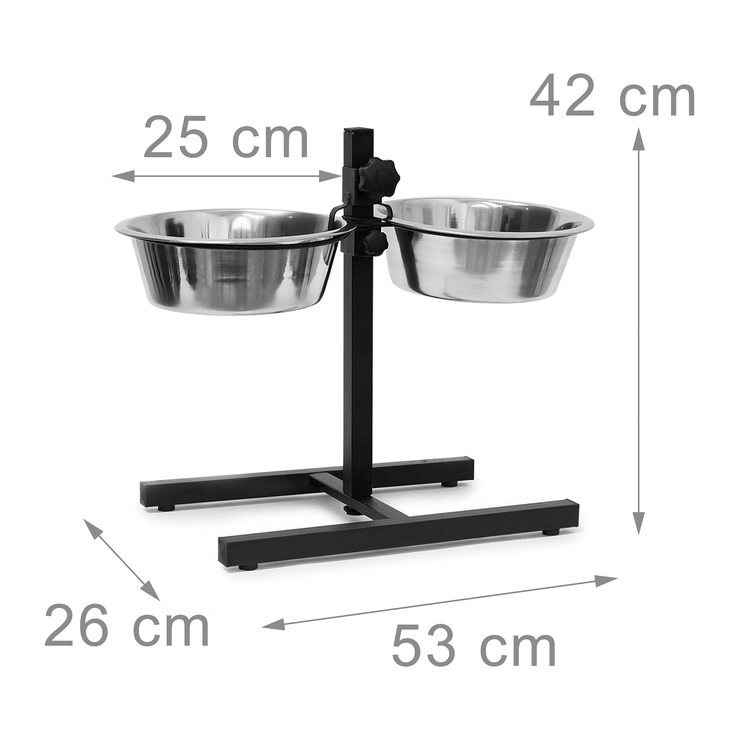 Relaxdays Stalowe podniesione miski dla psa, 2,2 l, wys. x szer. x gł.: 42 x 53 x 26 cm, regulowane, antypoślizgowe, posrebrzane