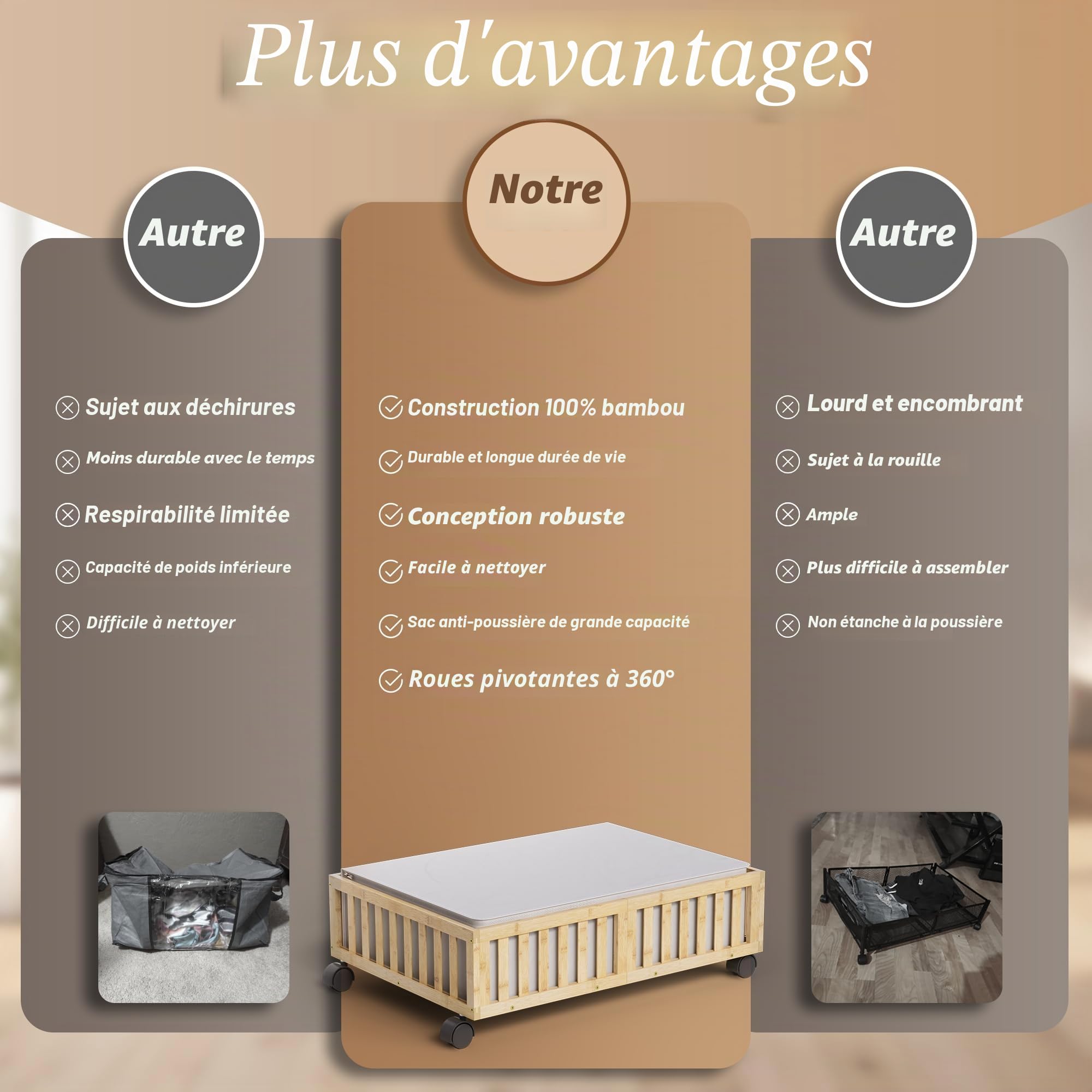 MHXW SXPN Lot de 2 boîtes de rangement à roulettes en bambou avec roulettes pour chaussures sous le lit, tiroirs à roulettes sous le lit avec sac de rangement pour chambre à coucher, draps, vêtements