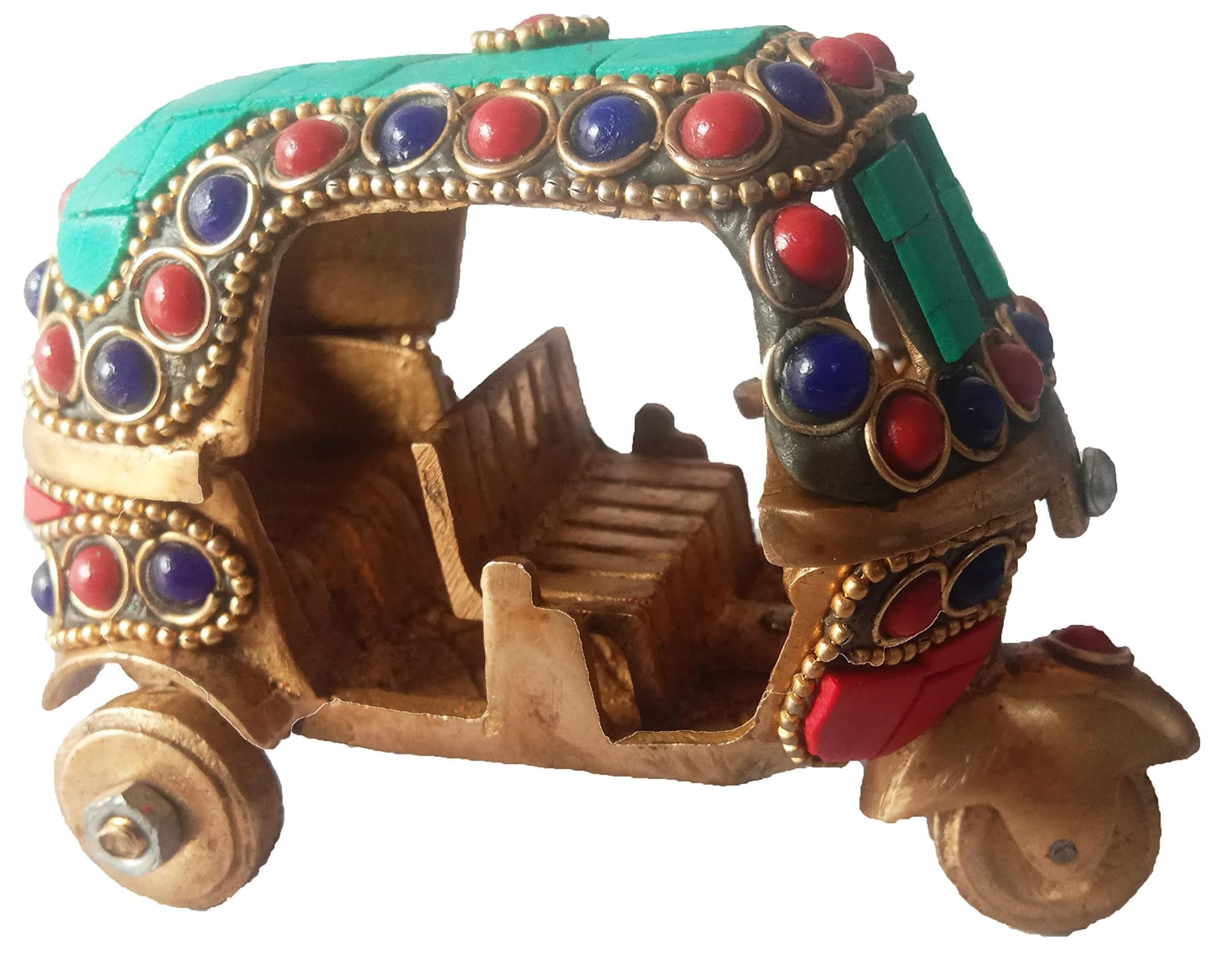 PARIJAT HANDICRAFT Vintage Auto Rickshaw Tuk Tuk Solid Brass Metal with Gemstones, Quirky Indian Handmade Gifted Item.