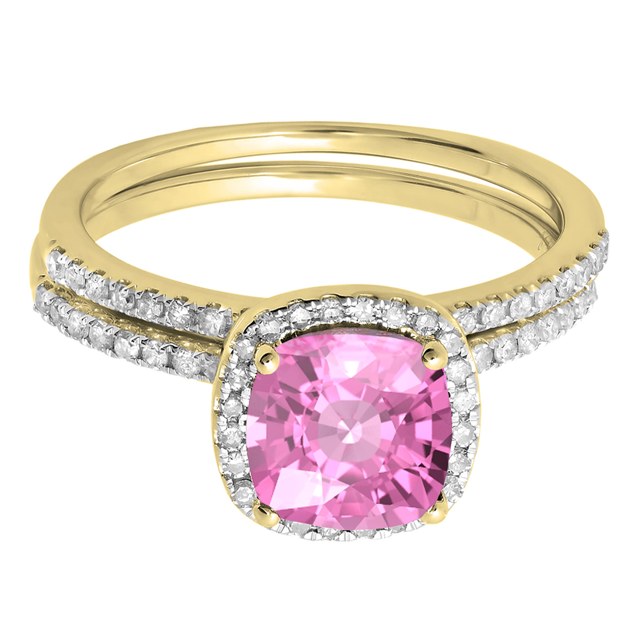Set di fedi nuziali in oro giallo 10 K da 7 mm con zaffiro rosa e diamanti rotondi (misura 8), Metallo, Zaffiro rosa sintetico