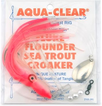 Aqua-Clear Squid Teaser Rig Fishing Lure, Saltwater Fishing Rig with 3/0 Extra Long Hook, Fluke Flounder Trout Croaker Rig, Mono Leader AFW Swivel Spinner, Multi Color Variations