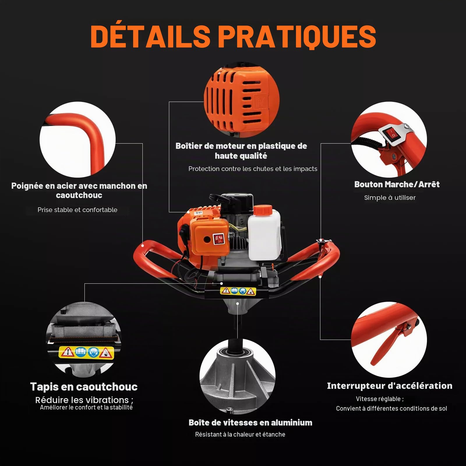 Tarière 52 cc 2 temps pour clôtures, plantes et poteaux - Livré avec embouts de 4", 6" et 8", 2,4 CV de puissance et embouts à changement rapide