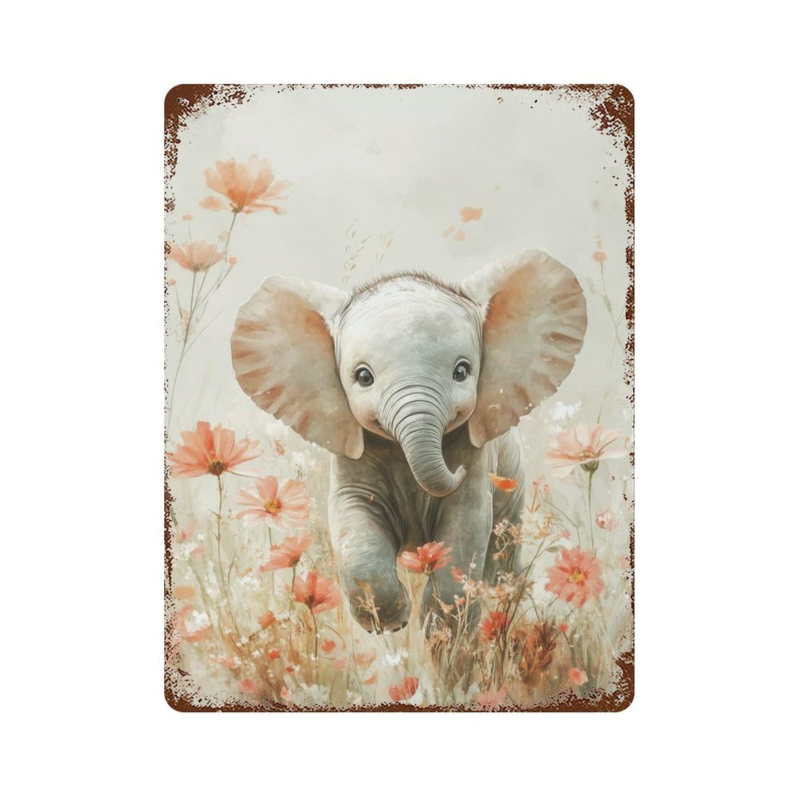 Garage Style Baby Elephant in Flowers Vintage Rust Metal Sign 15.7"x11.8", Retro Wall Decor for Bar And Workshop