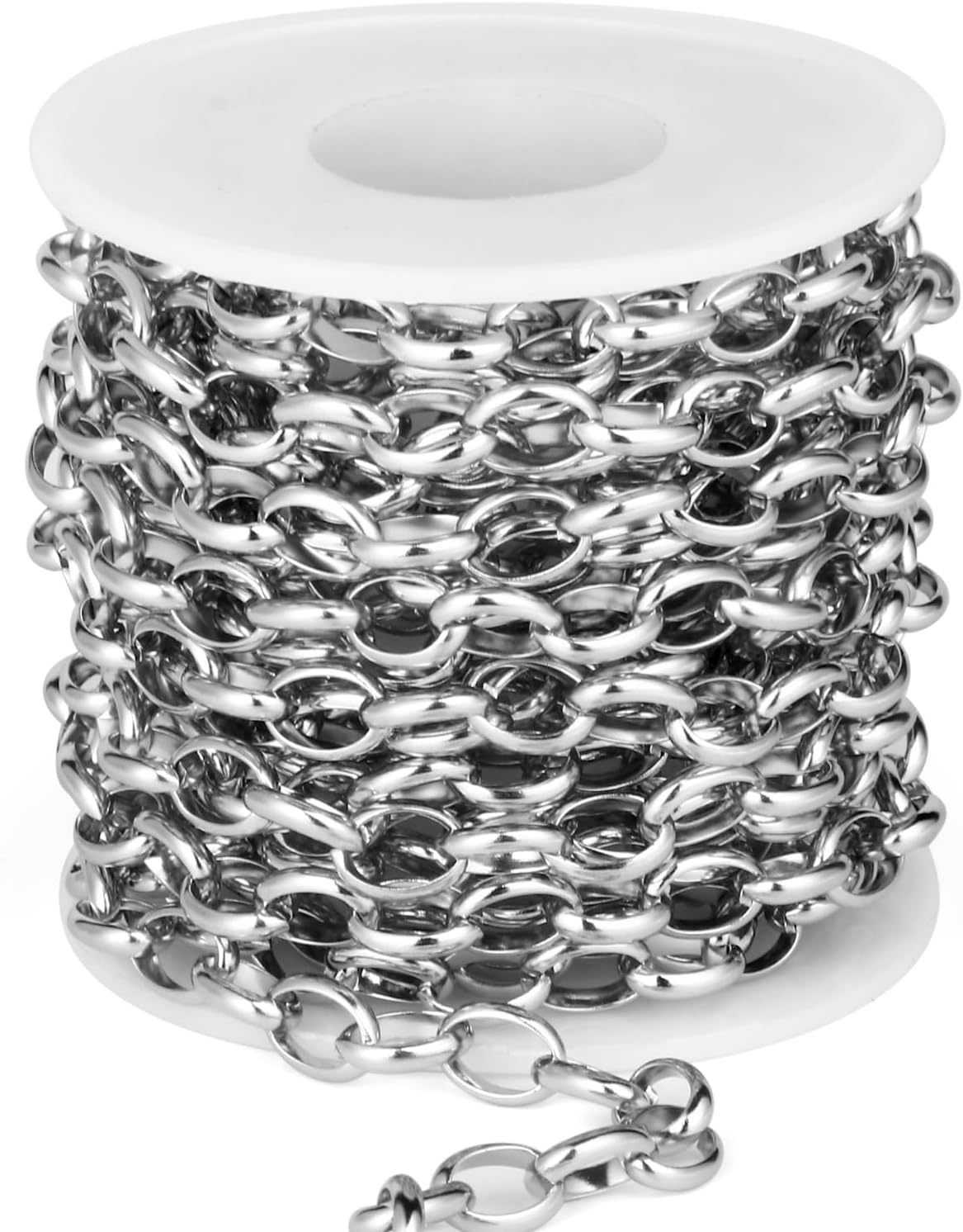 16.5FT Stainless Steel Oval Rolo Chains Roll, 7.5mm Width 304 Stainless Steel Oval Cable Link Chain Bulk Spool for Jewelry Making DIY Craft