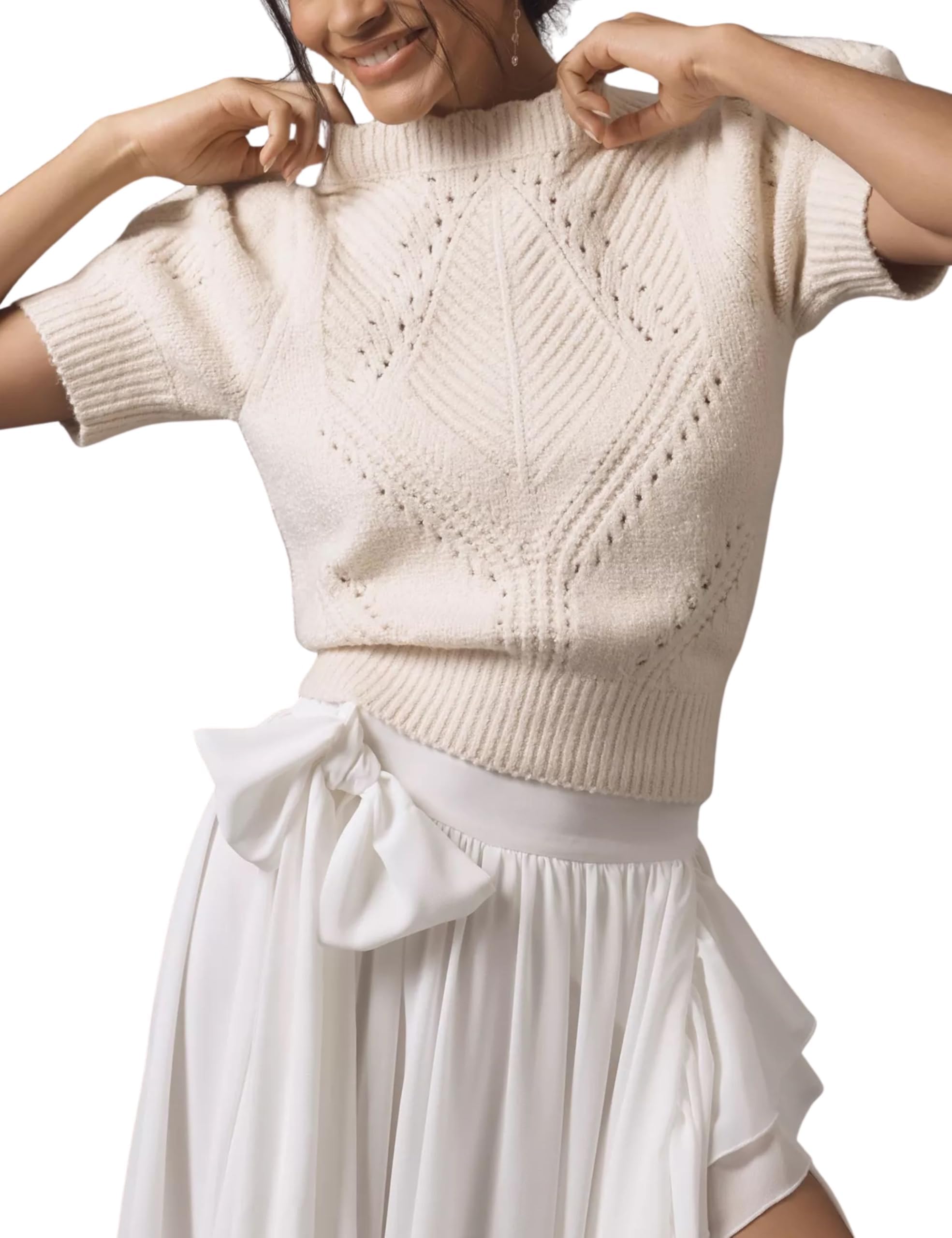 Womens Hollow Out Ribbed Knit Half Sleeve Sweater Fashion Casual Loose Fit Cozy Lightweight Pullover