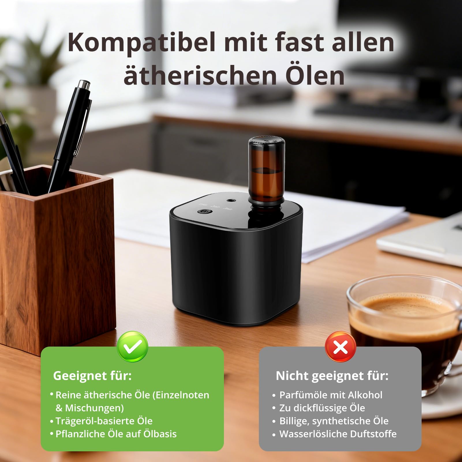 Diffuseur d'huiles essentielles sans fil - Diffuseur d'aromathérapie avec 10 ml d'huile de thé blanc et 3 modes de pulvérisation, air froid ultrasonique silencieux, batterie 2000 mAh et USB-C pour la