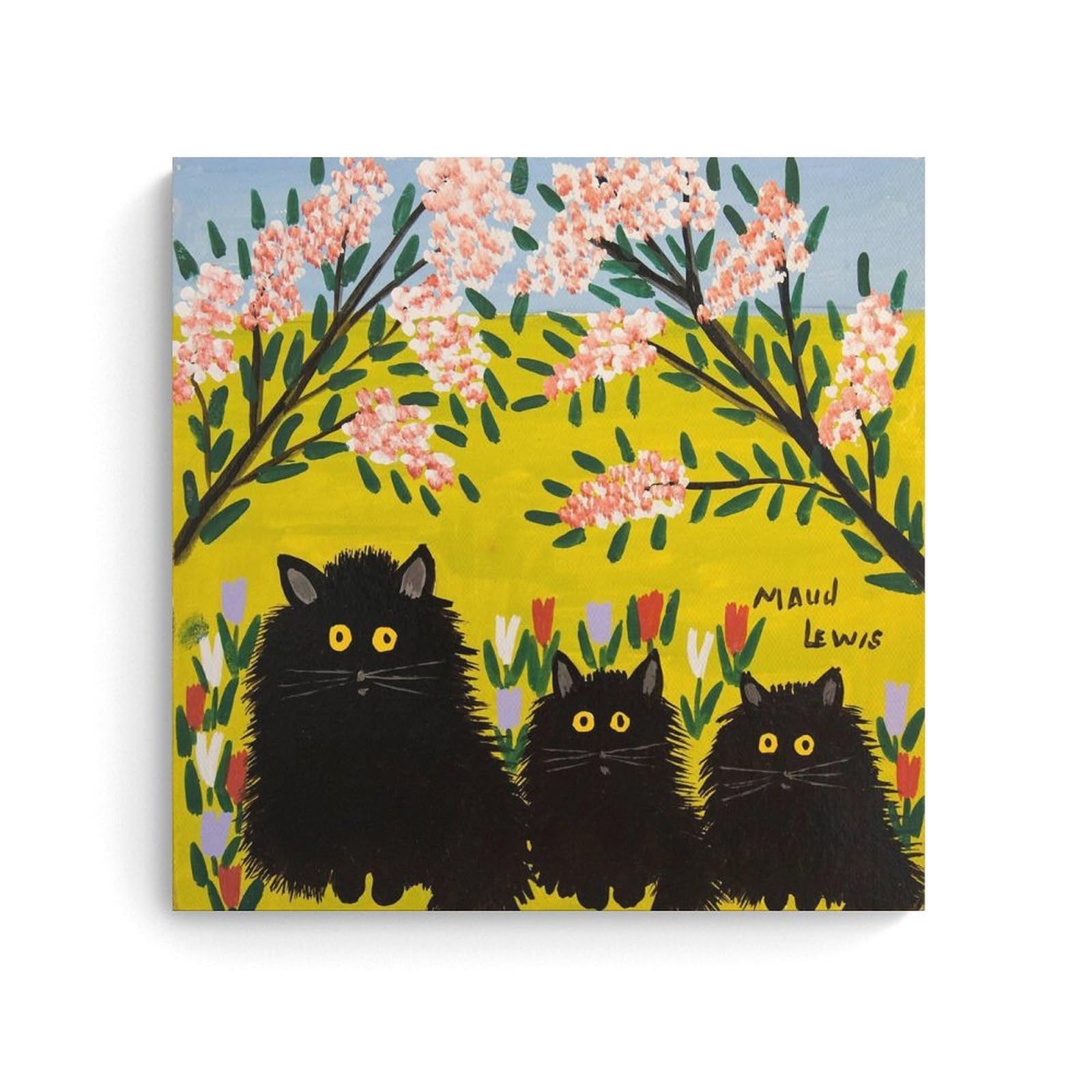 NgAnoh Three Black Cats -3 by Maud Lewis Canvas Printed Poster Picture Print Wall Art Painting Canvas Artworks Gift Idea Room Aesthetic 16x16inch(40x40cm)
