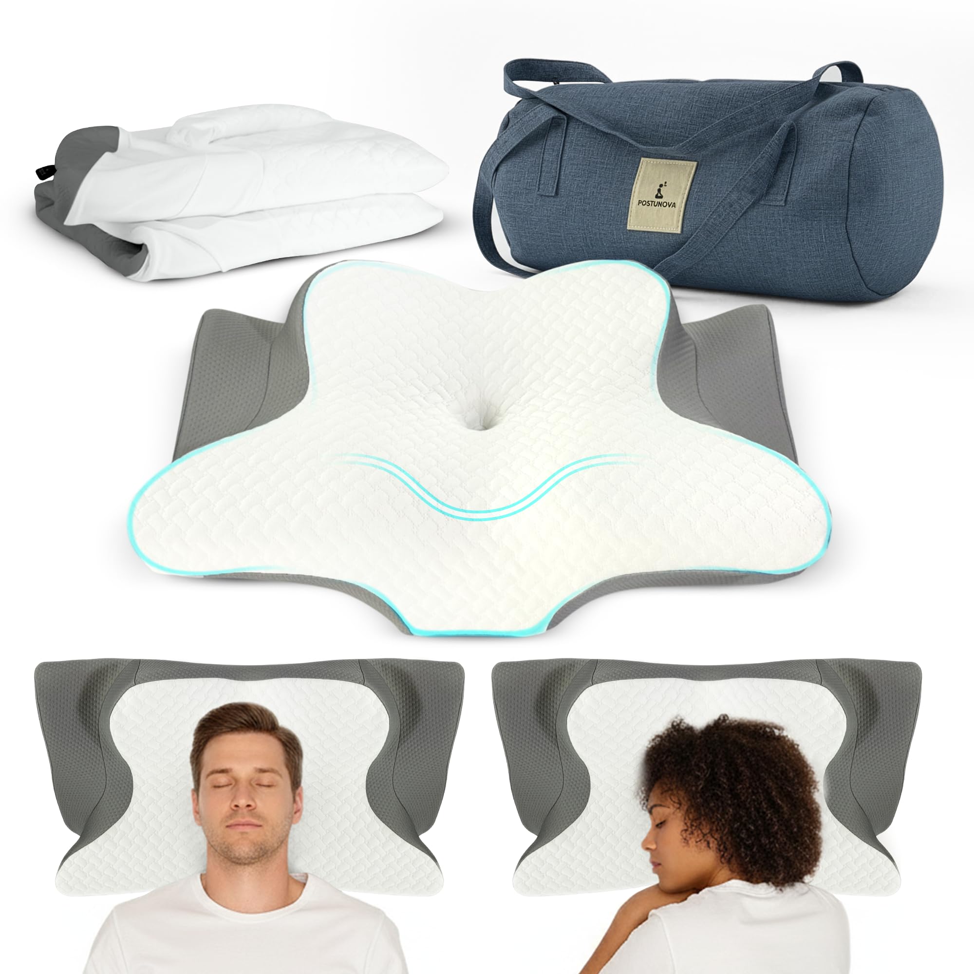 POSTUNOVA Cervical Neck Pillow, Memory Foam 3-in-1 Comfort Pillows Set for Neck and Shoulder Pain Relief, Posture Support, Ergonomic, 5-Zone Contour Design, Breathable Cover with Travel Bag