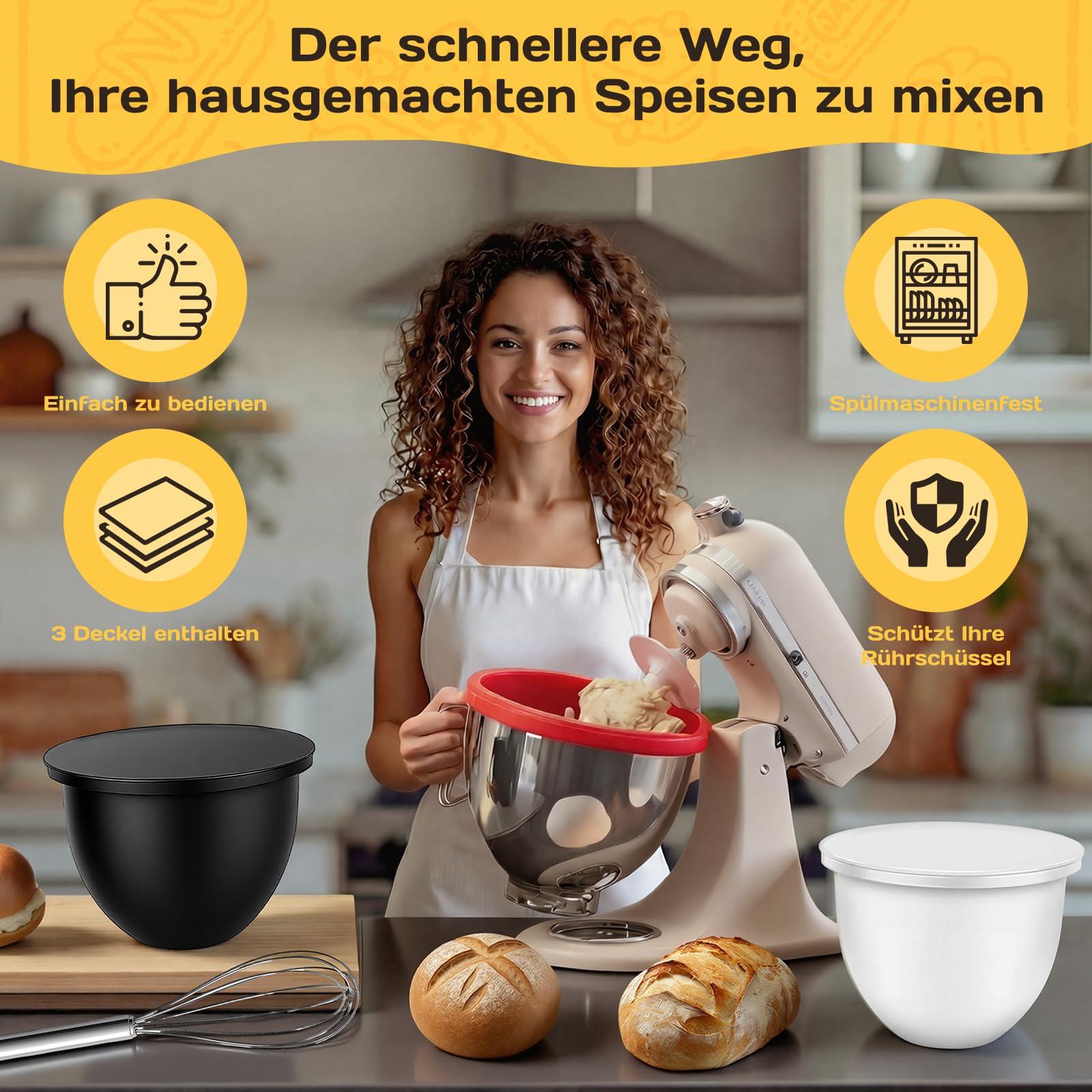 3 silikonowe wkładki z pokrywką do robota kuchennego KitchenAid Tilt-Head 5 l miska silikonowa nadaje się do kontaktu z żywnością od -40°C do 240°C, nadają się do kuchenki mikrofalowej, zmywarki i