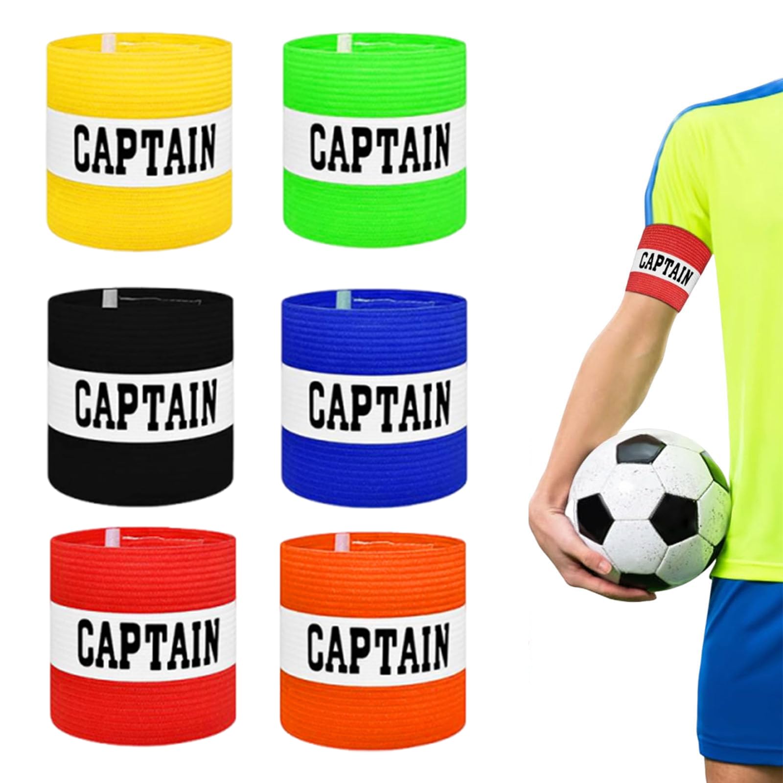 Captains Armband, 6 Pcs Set Kids Captain Armband Football, with High Elastic Fabric, Blue Red Black Green Yellow Orange, 12.2in*3.1in, Ideal for Sports Training and Matches