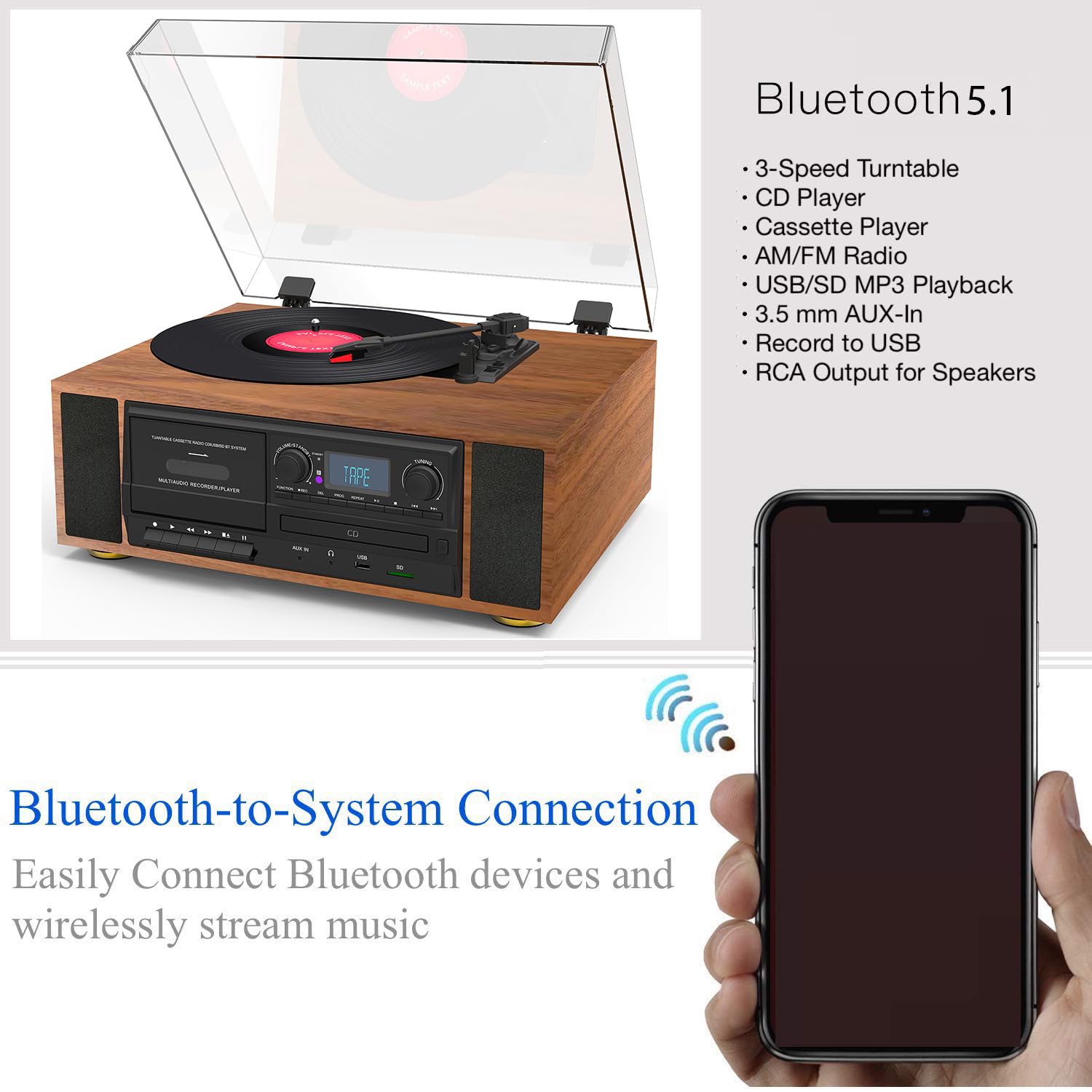 Boytone BT-38SM showing Bluetooth 5.1 connectivity and streaming from a smartphone.