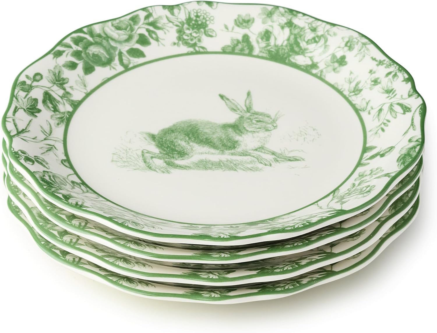Le Jardin 8.5 Inch SALAD/DESSERT PLATES, SET OF 4 – Whimsical Bunny & Bloom Design for Appetizers, Sweets & Springtime Dining – Stoneware, Microwave & Dishwasher Safe