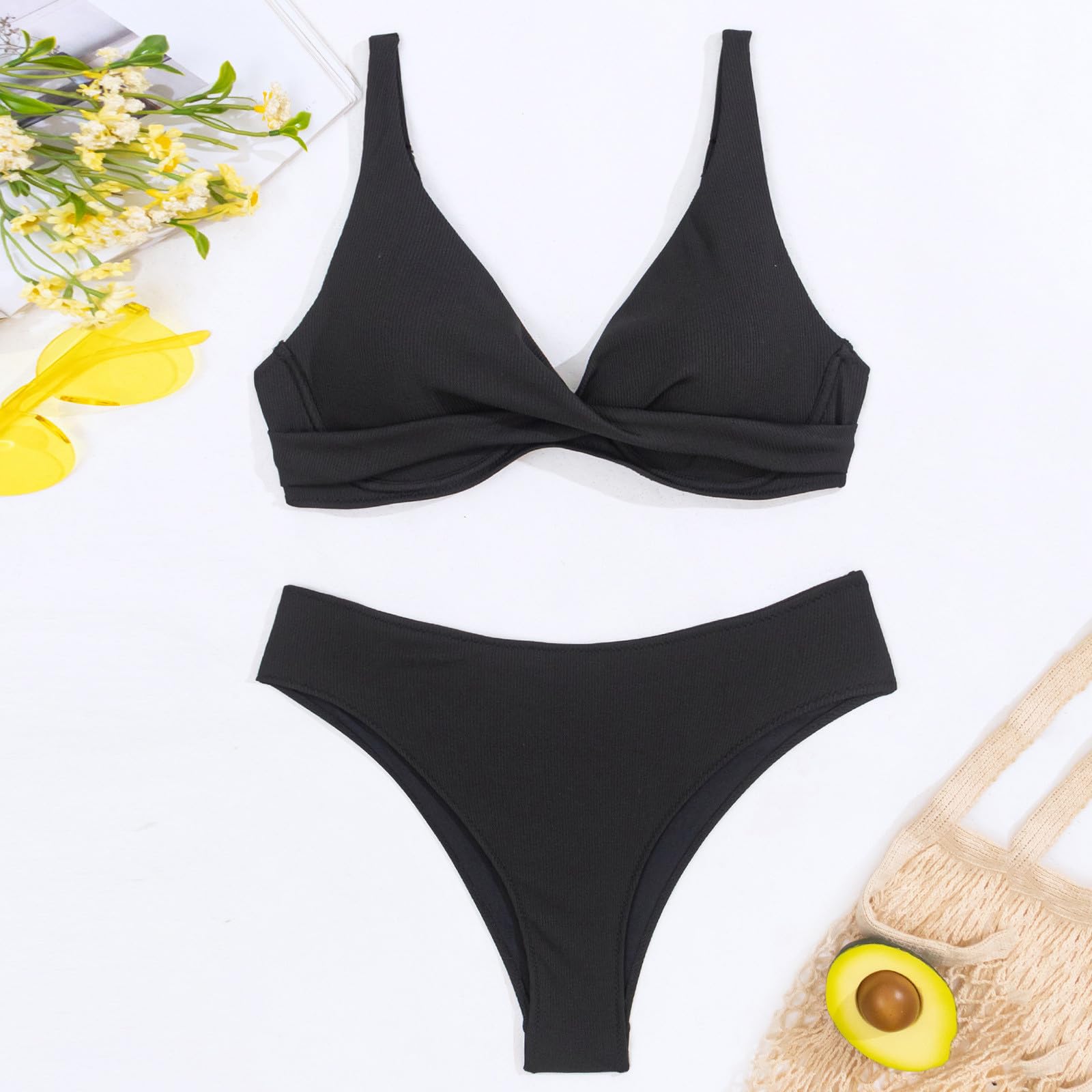 Damski zestaw bikini z niskim stanem seksowny push up dwuczęściowy strój kąpielowy retro marszczony nadruk wysoki, czarny, S