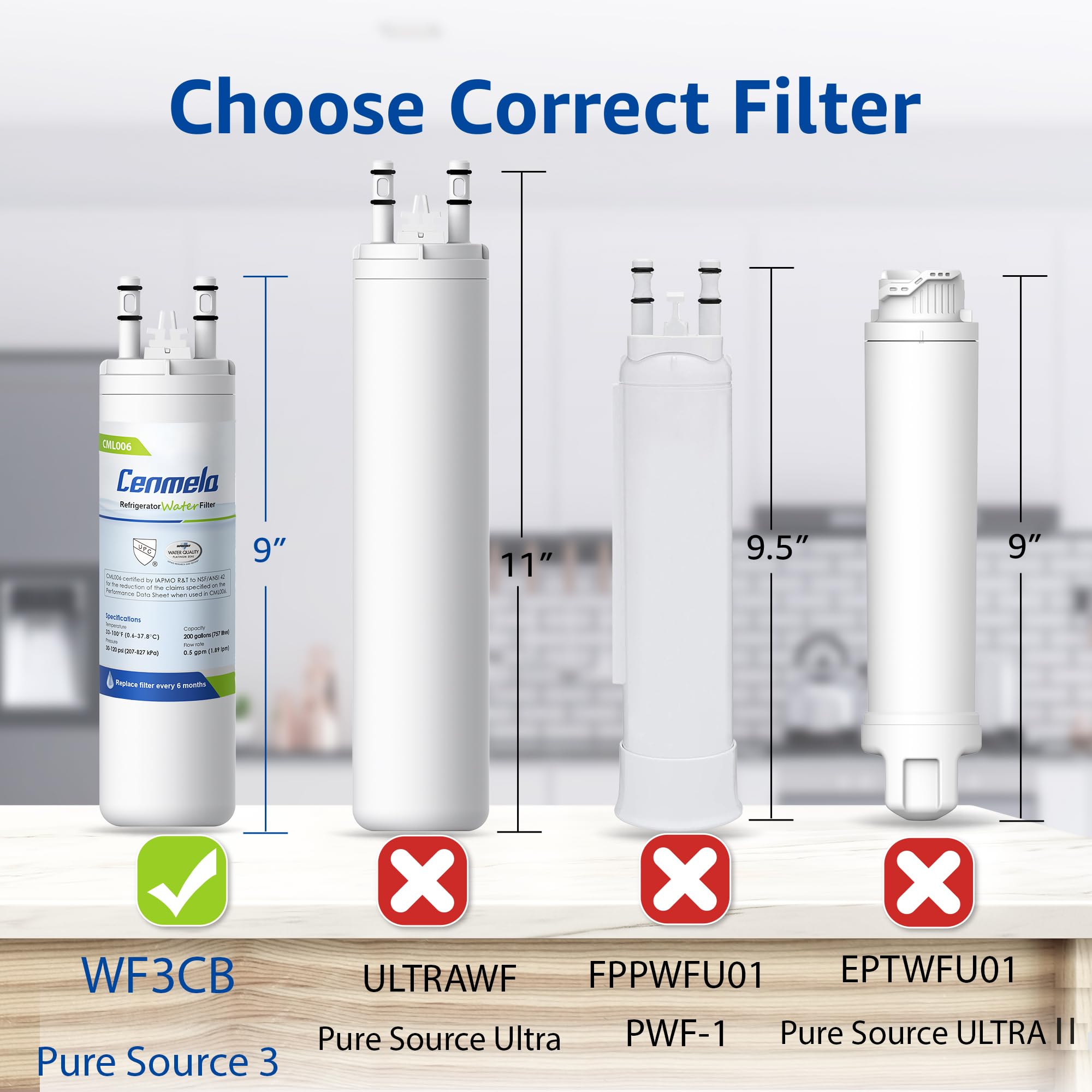 WF3CB Filtro de agua de repuesto, compatible con Frigidaire WF3CB, Pure Source 3, 706465, 242069601, 242086201, 242017800, WF425, altura de 9 pulgadas, paquete de 2