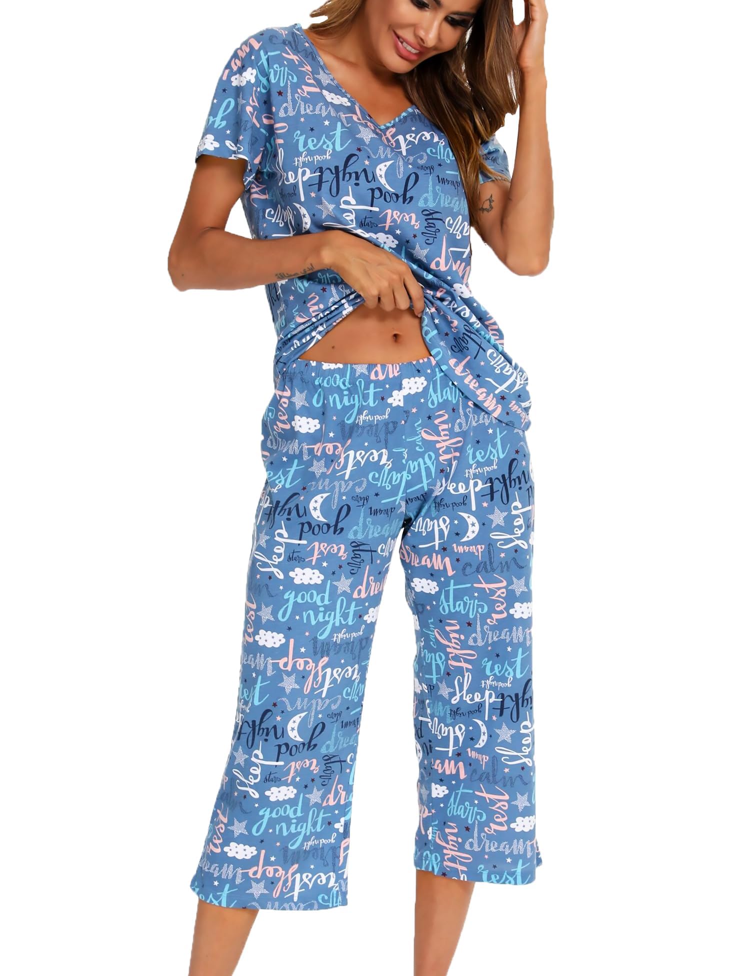 ENJOYNIGHT Conjunto de pijama corto para mujer, ropa de descanso de algodón, lindo estampado, ropa de dormir con pantalones capri