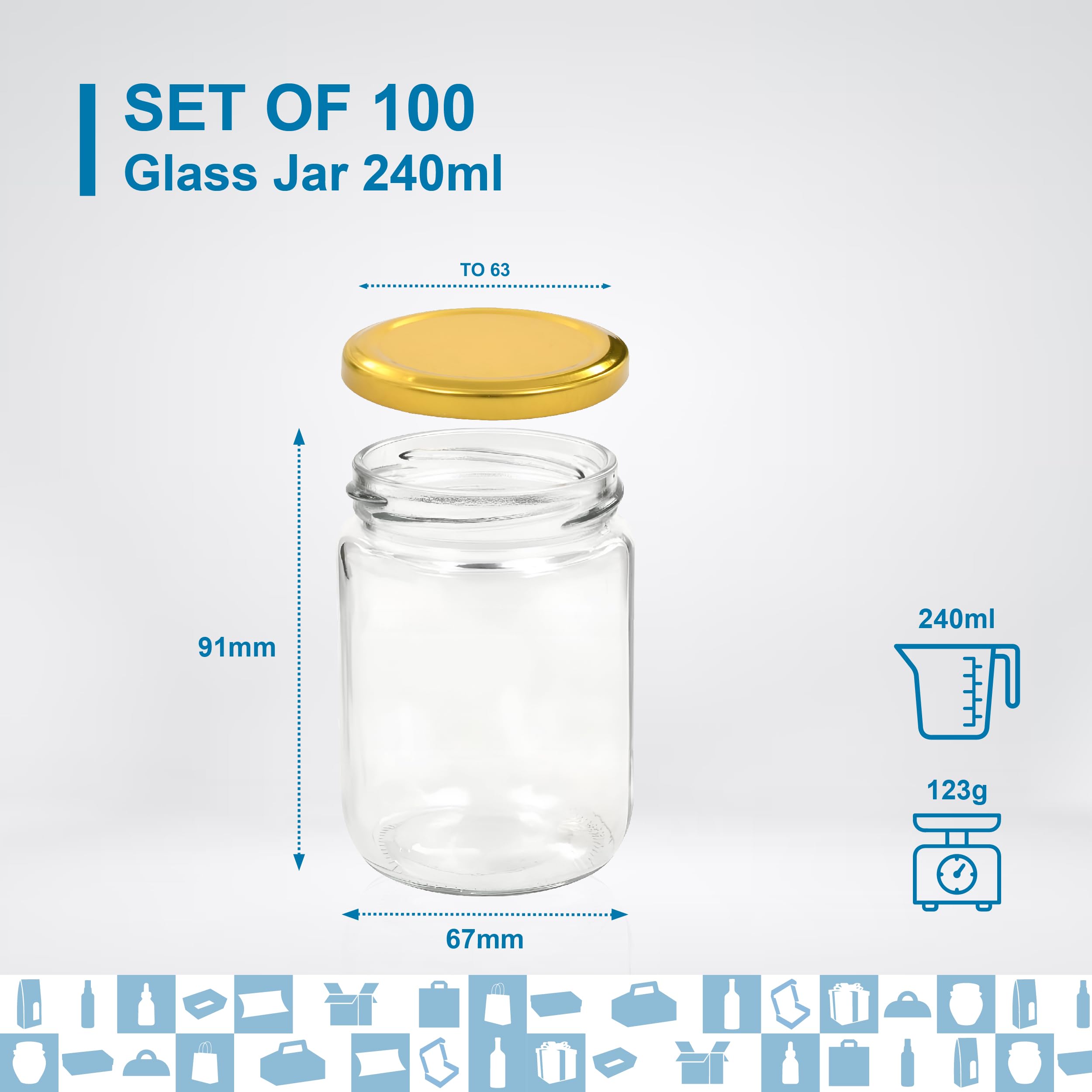 Espirito Rebelde Set mit 100 leeren Marmeladengläsern aus Glas, 240 ml, Einmachgläser für Konfitüren und Konfitüren, Honigglas aus Glas, Joghurtglas, Saucengläser, Hochzeit