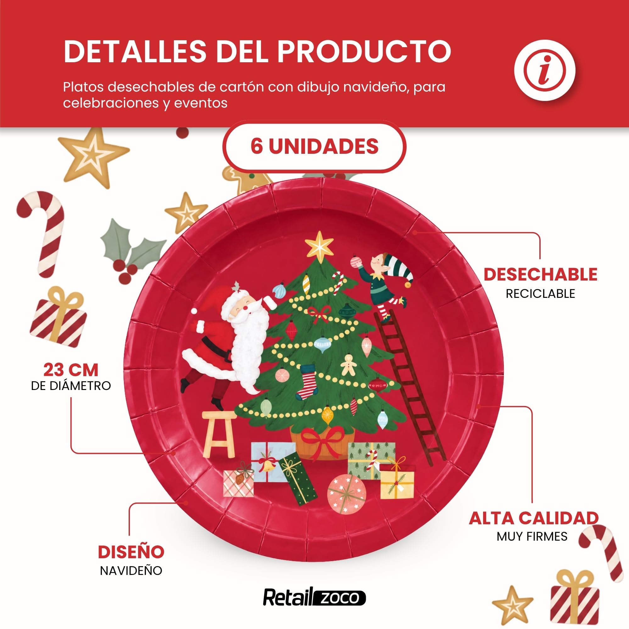 Platos de cartón, Platos Desechables cartón, Diseño Papa Noel, 6 Unidades - imagen 2