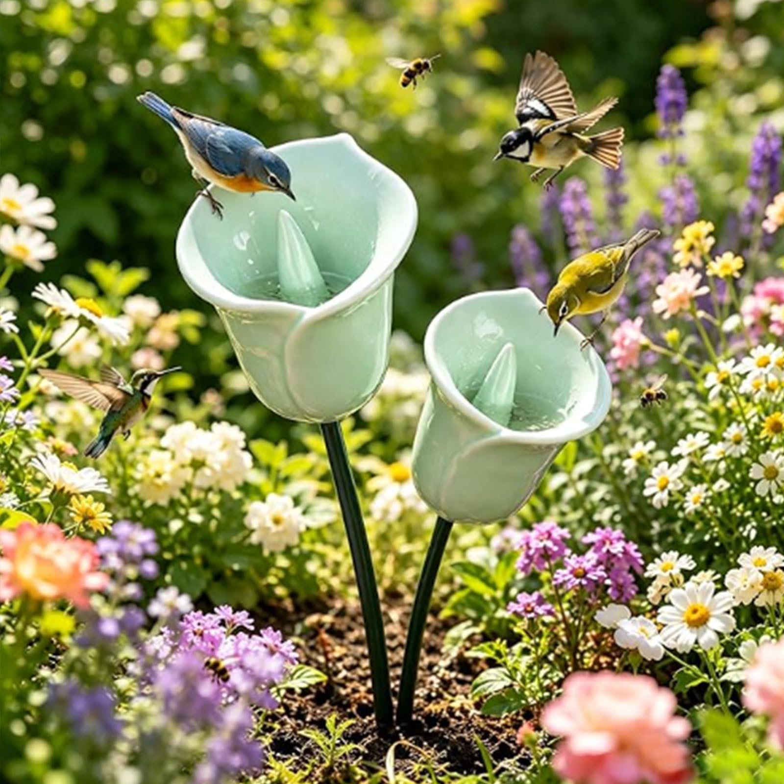 Handmade Ceramic Mini Pollinator Watering Station, Colorful Flower Bee Water Feeder & Butterfly Bird Bath, Weather-Resistant Small Outdoor Garden Stakes Yard Art Decor for Patio Lawn Balcony