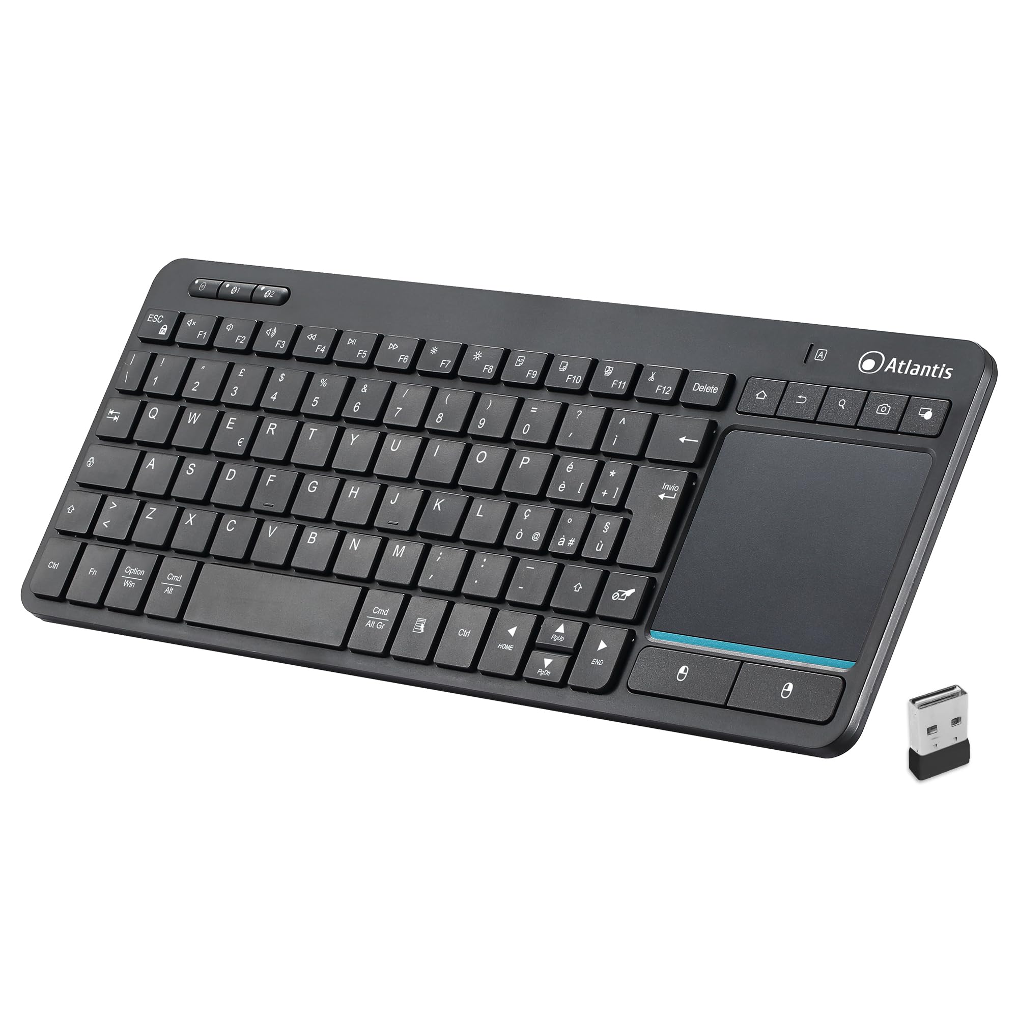 Atlantis Mini Tastiera con TouchPad multitouch integrato - Wireless senza fili RF + Bluetooth, QWERTY, Tasti funzione multimediali, per PC/Notebook/Smart TV/Smartphone/Tablet/iOS/Android - Nero