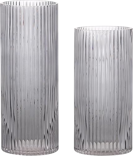 Jarrón negro a rayas de vidrio negro, juego de 2, jarrón alto de vidrio, jarrón moderno, jarrón acanalado, jarrón decorativo para flor, jarrón