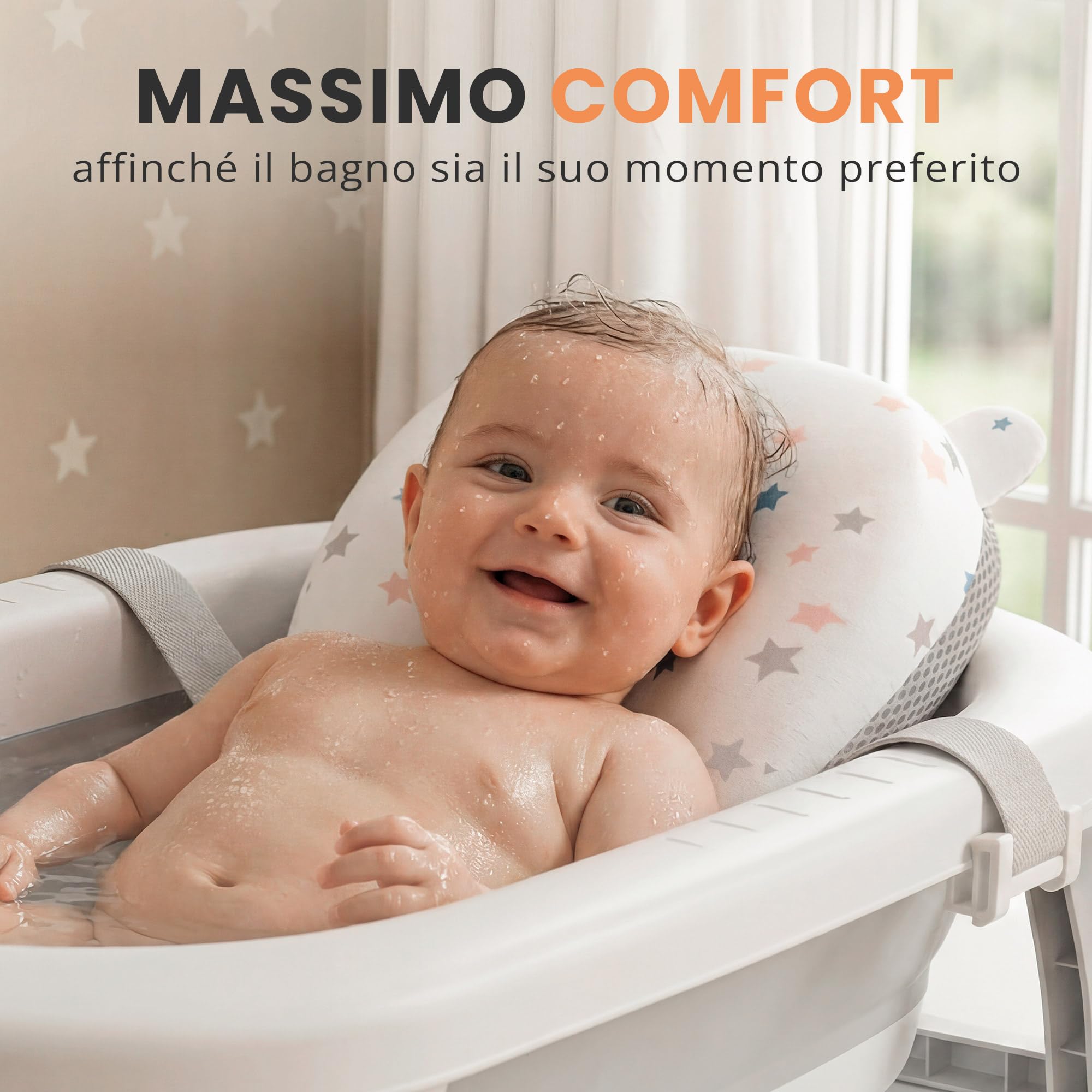 JUPPLIES Vaschetta Bagnetto Neonato Pieghevole con Cuscino Ergonomico e Termometro Digitale – Vasca Bagnetto Neonato Salvaspazio Antiscivolo – Facile da Riporre (75x45x20 cm - Grigio)