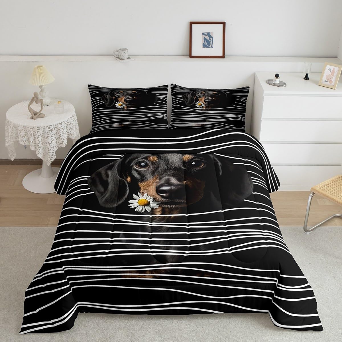 Manfei Lovely Dachshund Comforter Set,Cute Puppy Pet Dog Animal Kawaii Bedding Set for Kids Teens Bedroom,Rustic Daisy Flower Geometric White Lines Quilt Set 2 Pcs with 1 Pillowcase,Toddler