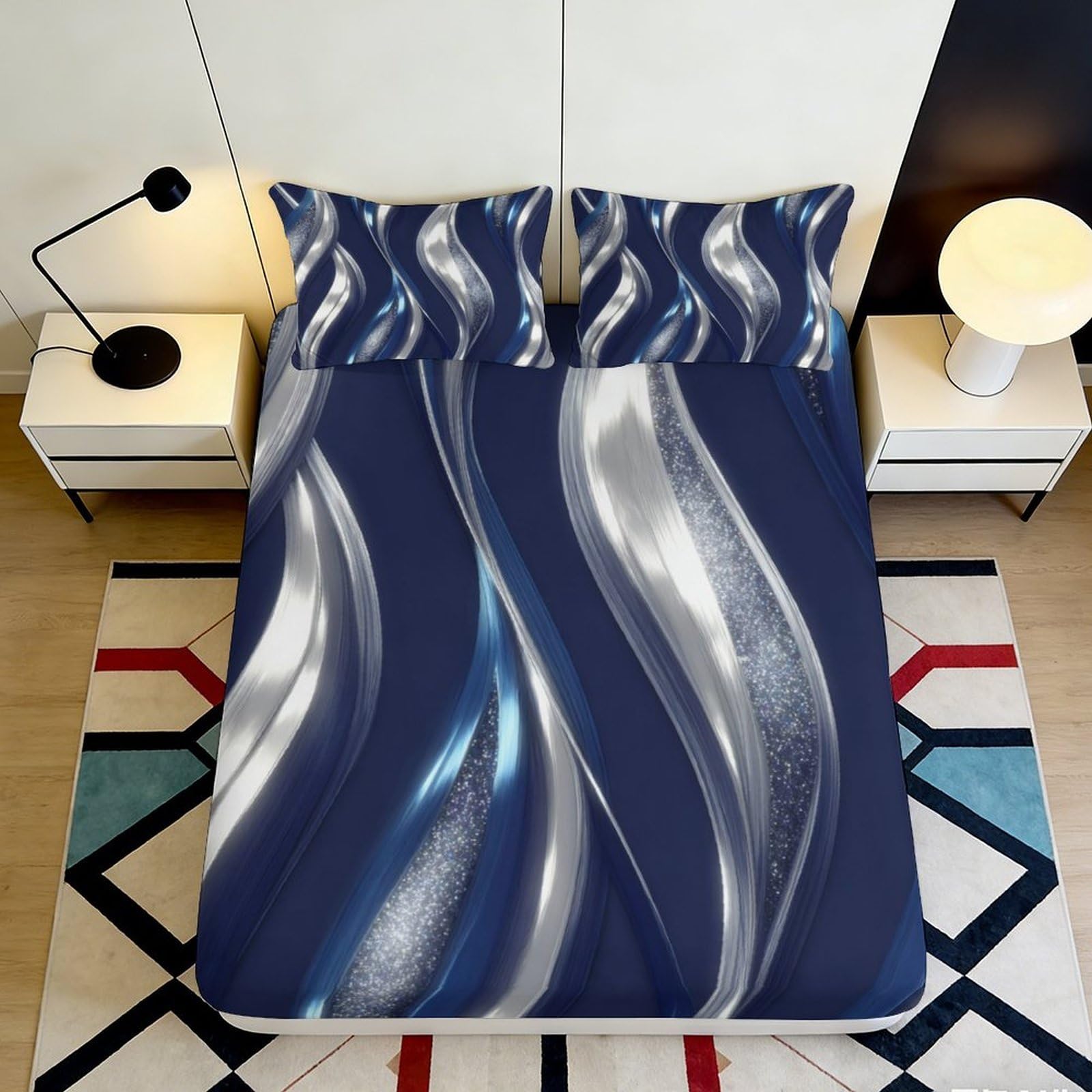 3D Printed Blue Silver Waves Fitted Sheet Microfiber Soft Breathable Abstract Flowing Mattress Cover for Bedroom Dormitory Guest Room Protection Decor 180x200x25cm