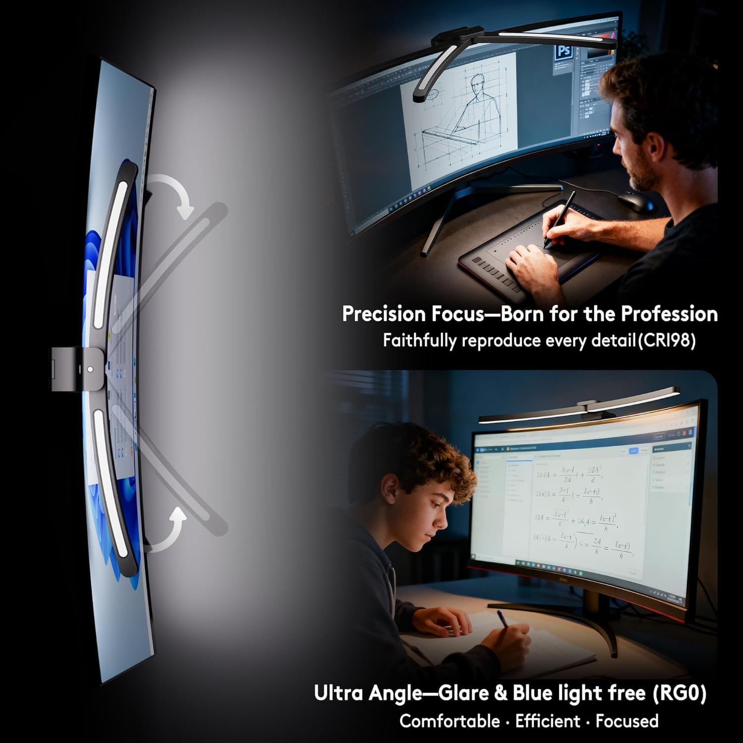 Quntis 66CM Lámpara Monitor Curvo con RGB Retroiluminación, Luz de Monitor Plegable Superbrillante Regulable, Luz Ordenador con Atenuador Automático, Para el Hogar Oficina Estudio Entretenimiento