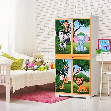 Nilkamal Freedom Mini Medium (FMM) Jungle Theme Plastic Kids Mini Storage Cabinet| Shelves | 2 Doors Cupboard | Living Room | Multipurpose for Home Kitchen & Office (Beach & Pastel Orange)