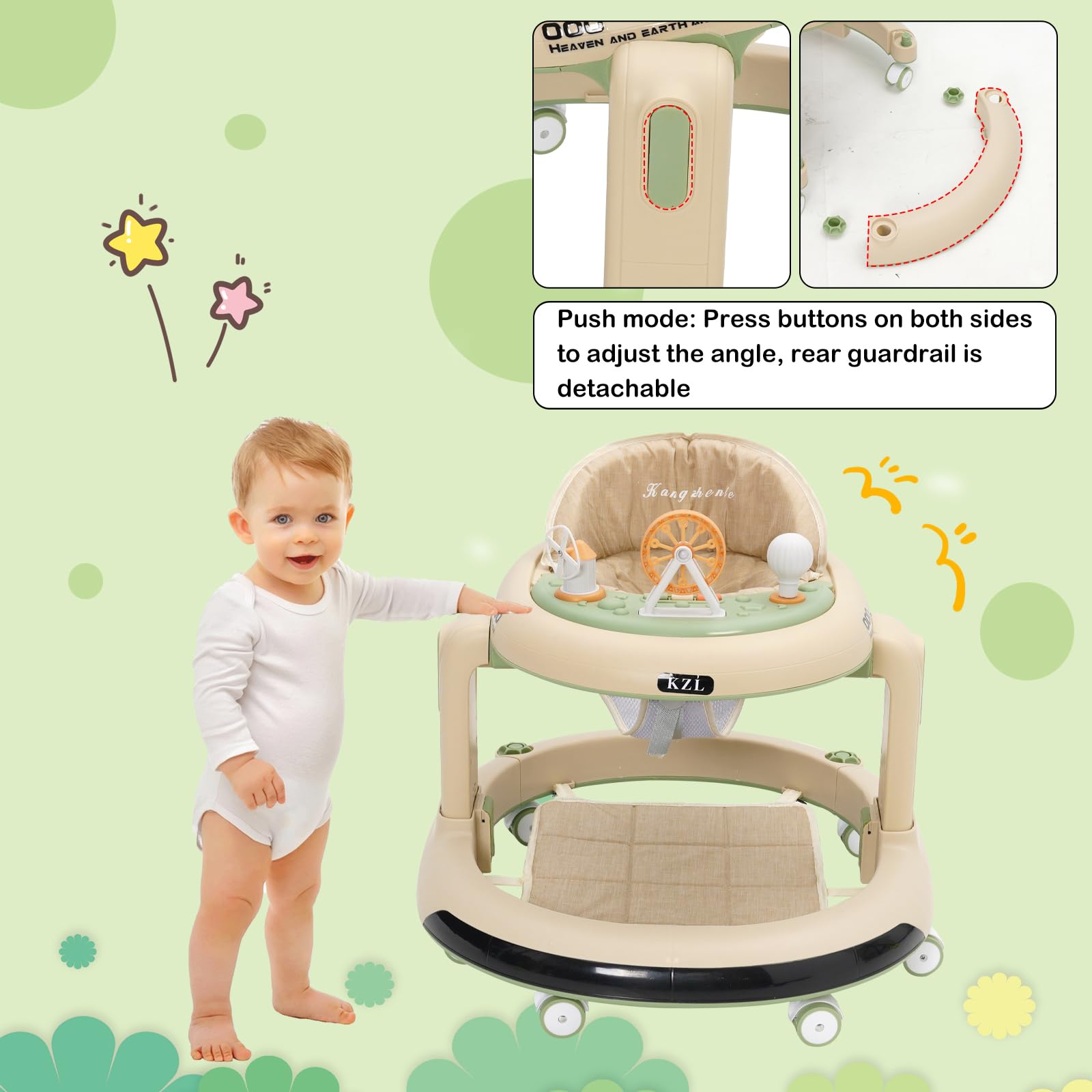 3 en 1 Trotteur Bébé,Babywalker avec 6 Hauteurs Réglables, Trotteur avec Roues Silencieuses à 360°,Plateau Repas et Plateau d'activités Musical Amovible, 6 Mois et plus(Vert)