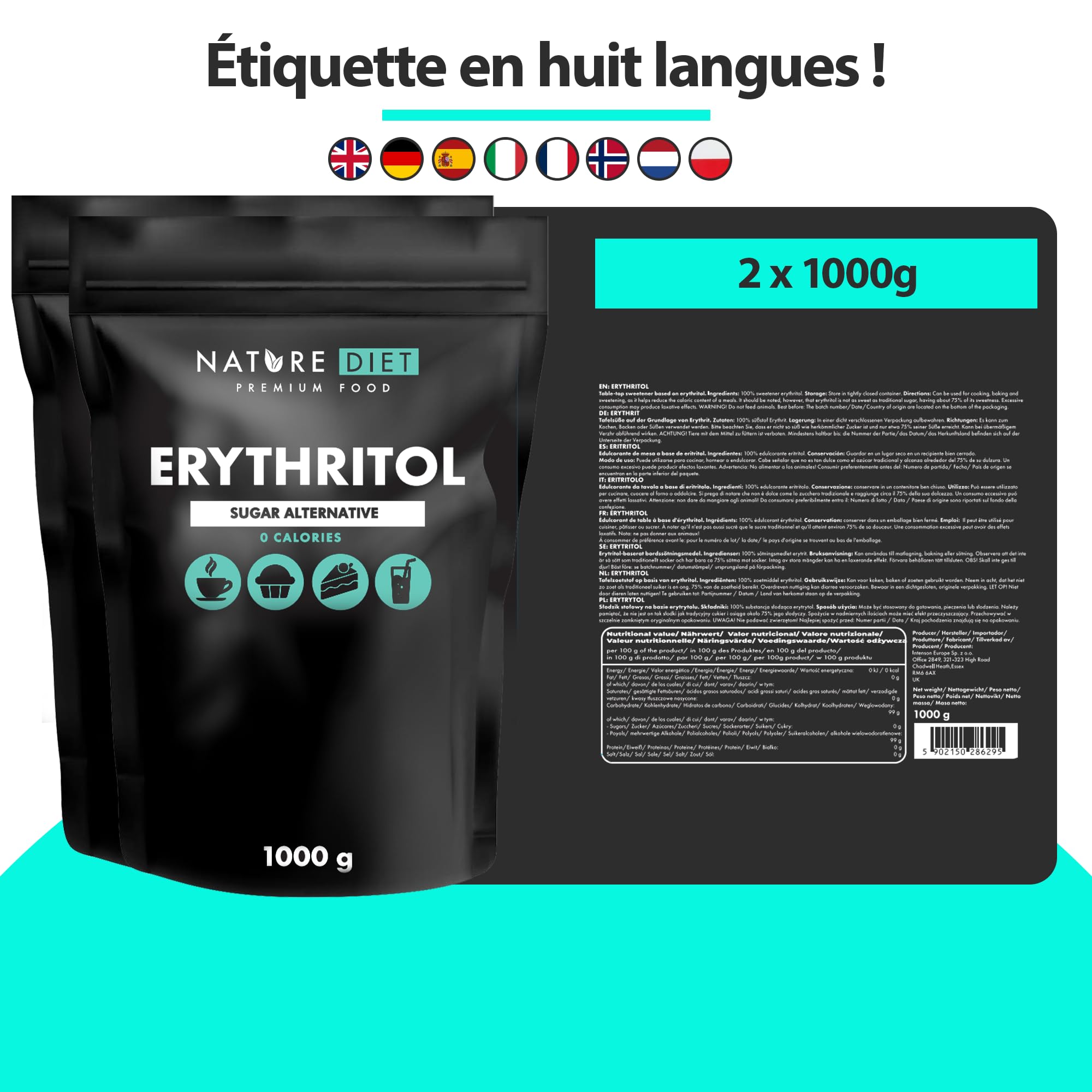 Nature Diet - Érythritol 2 x 1000g | Édulcorant naturel | Zéro Calorie | Remplacement du sucre | Substitut du sucre