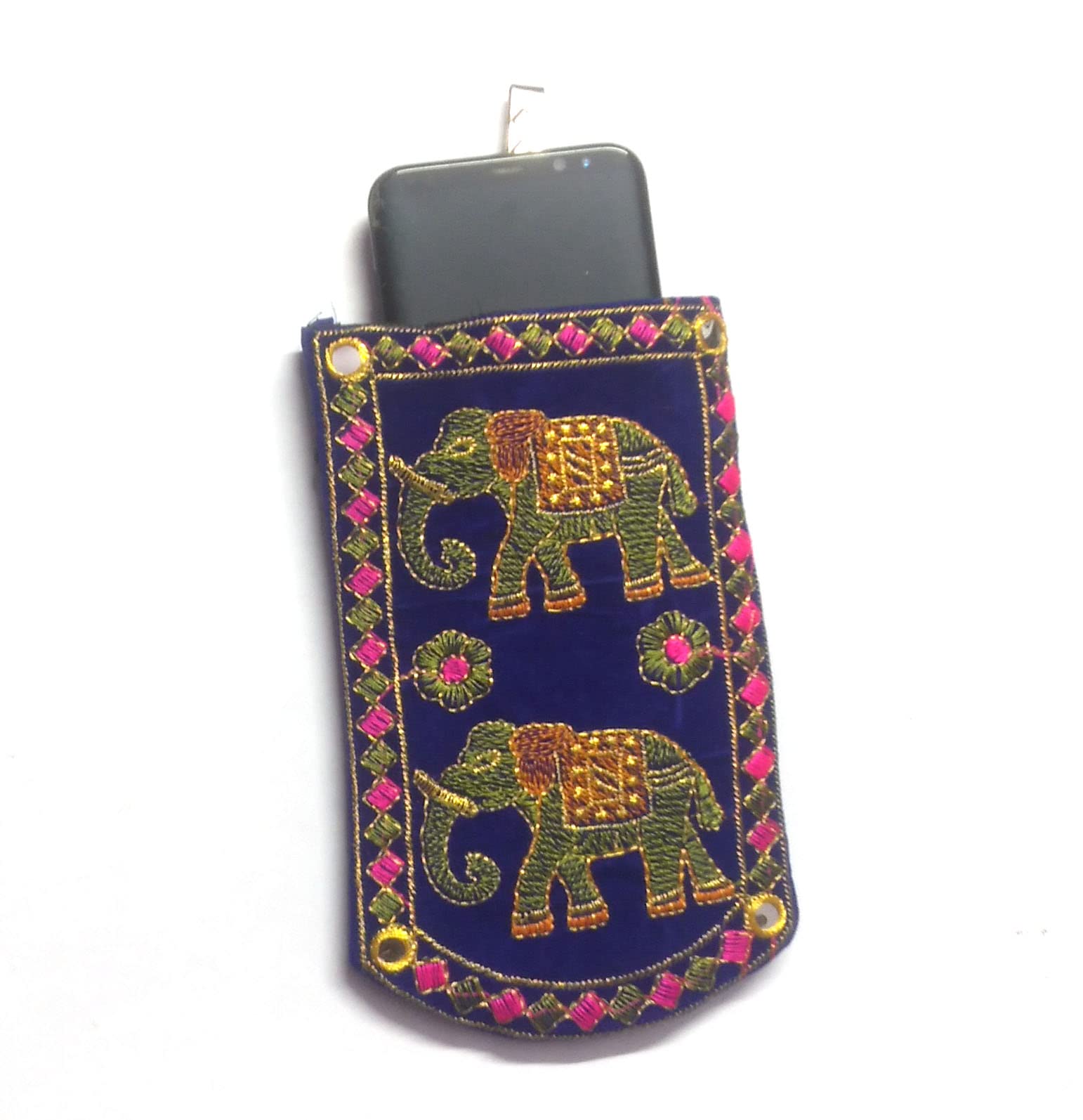 SUMERA WARQ Embroidered Mobile Pouch for Women Multicolor Designer Ethnic Rajasthani Handmade Phone Cover/Case with Sling and Waist Clip by SAS It Up (Blue Black) 2