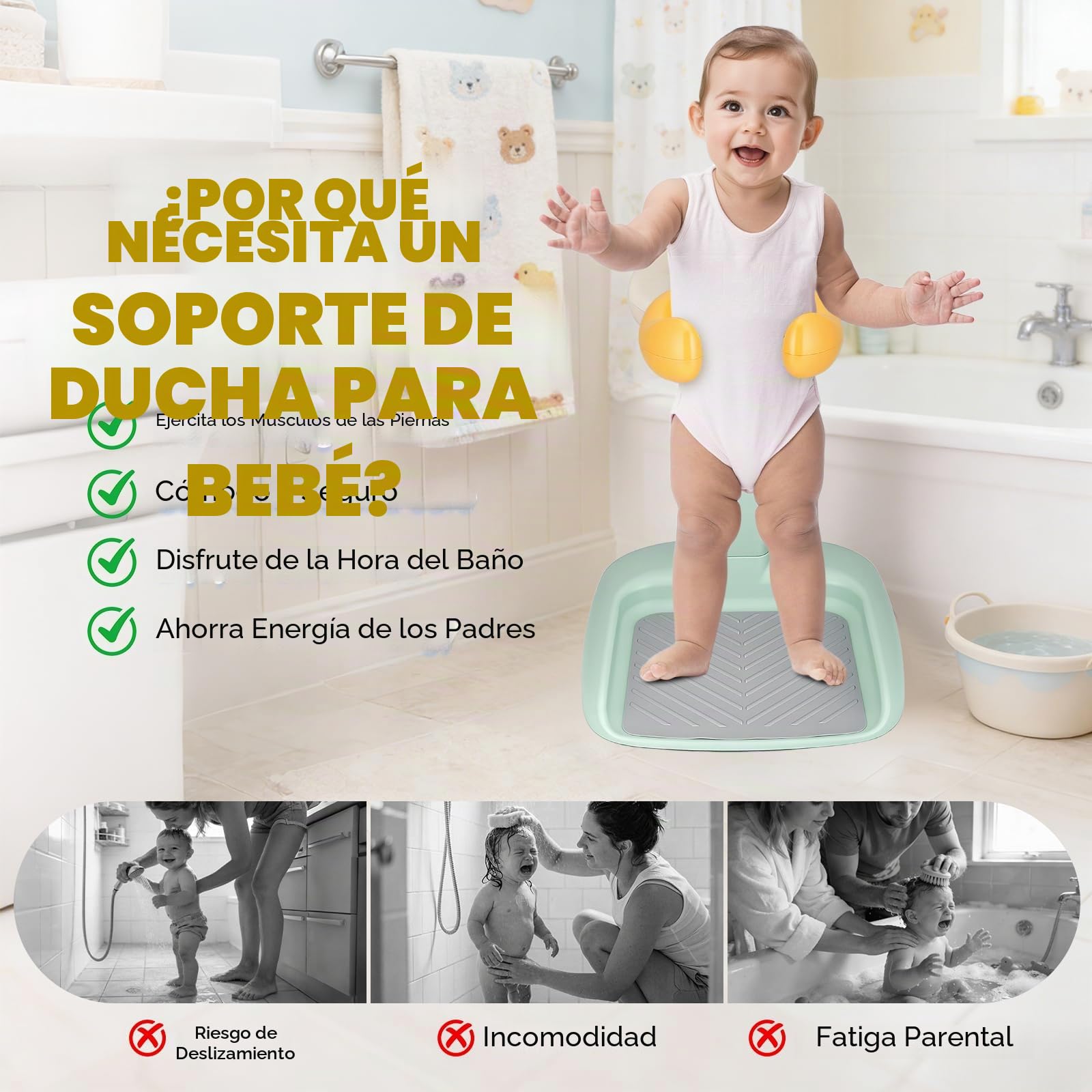 Soporte Ducha Bebé con Asiento, Ajustable y Antideslizante 6-36 Meses | ABS sin BPA, altura 47-62 cm, reposabrazos 17-27 cm, soporte para ducha, asiento y base antideslizante para baño y cuidado