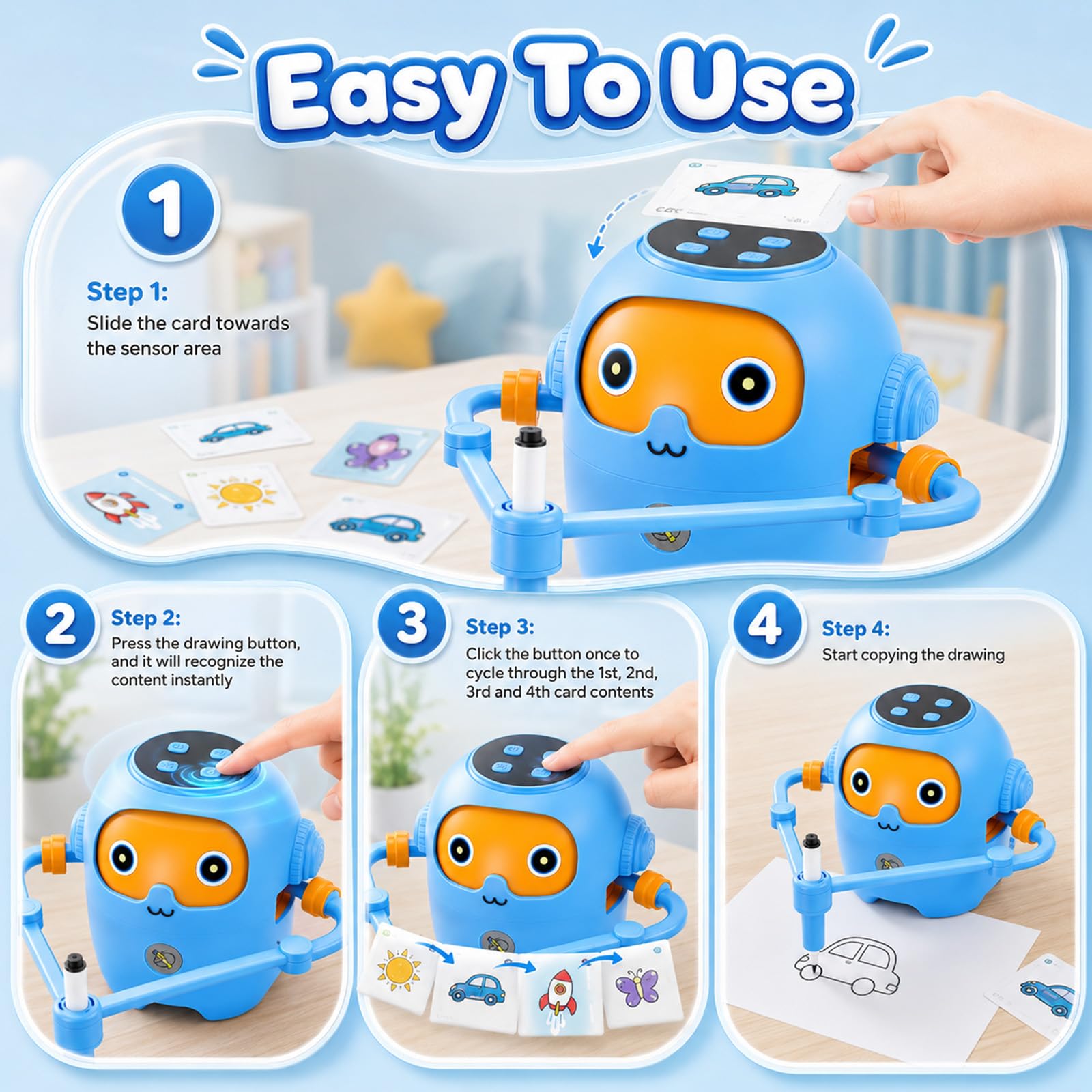 Robot de Dibujo para Niños con Guía de Voz, 25 NFC Tarjetas, 12 Rotuladores