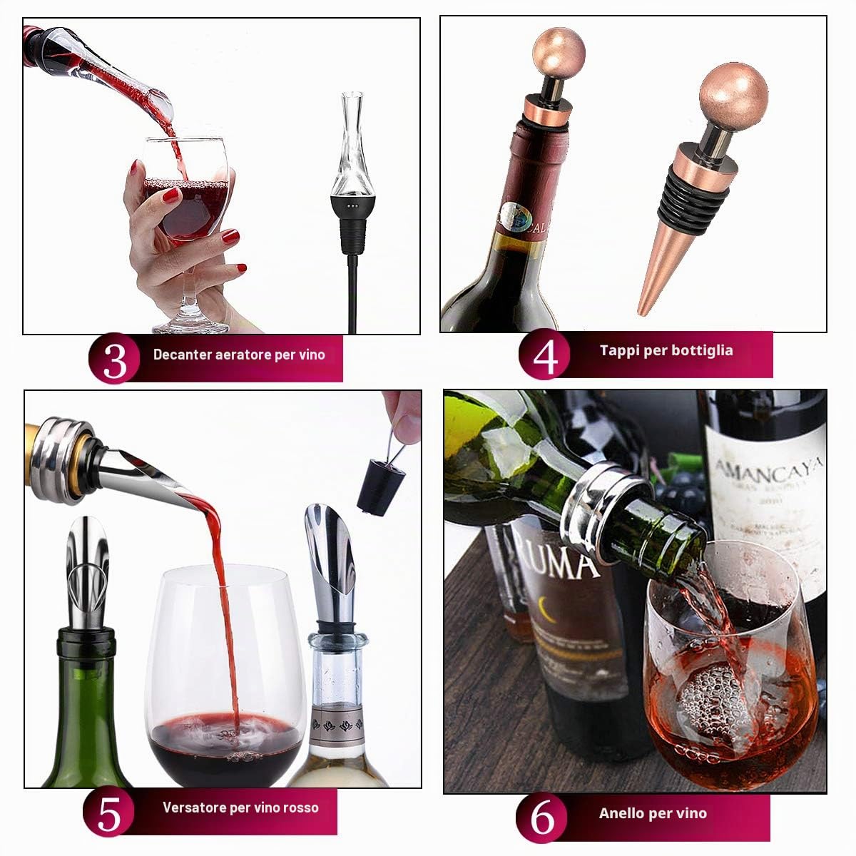 Scatola di Legno Accessori per Il Vino Set Regalo,Set per l'apertura del Vino,Cavatappi per Vino,Tappo,Versatore di Vino (stile 01)