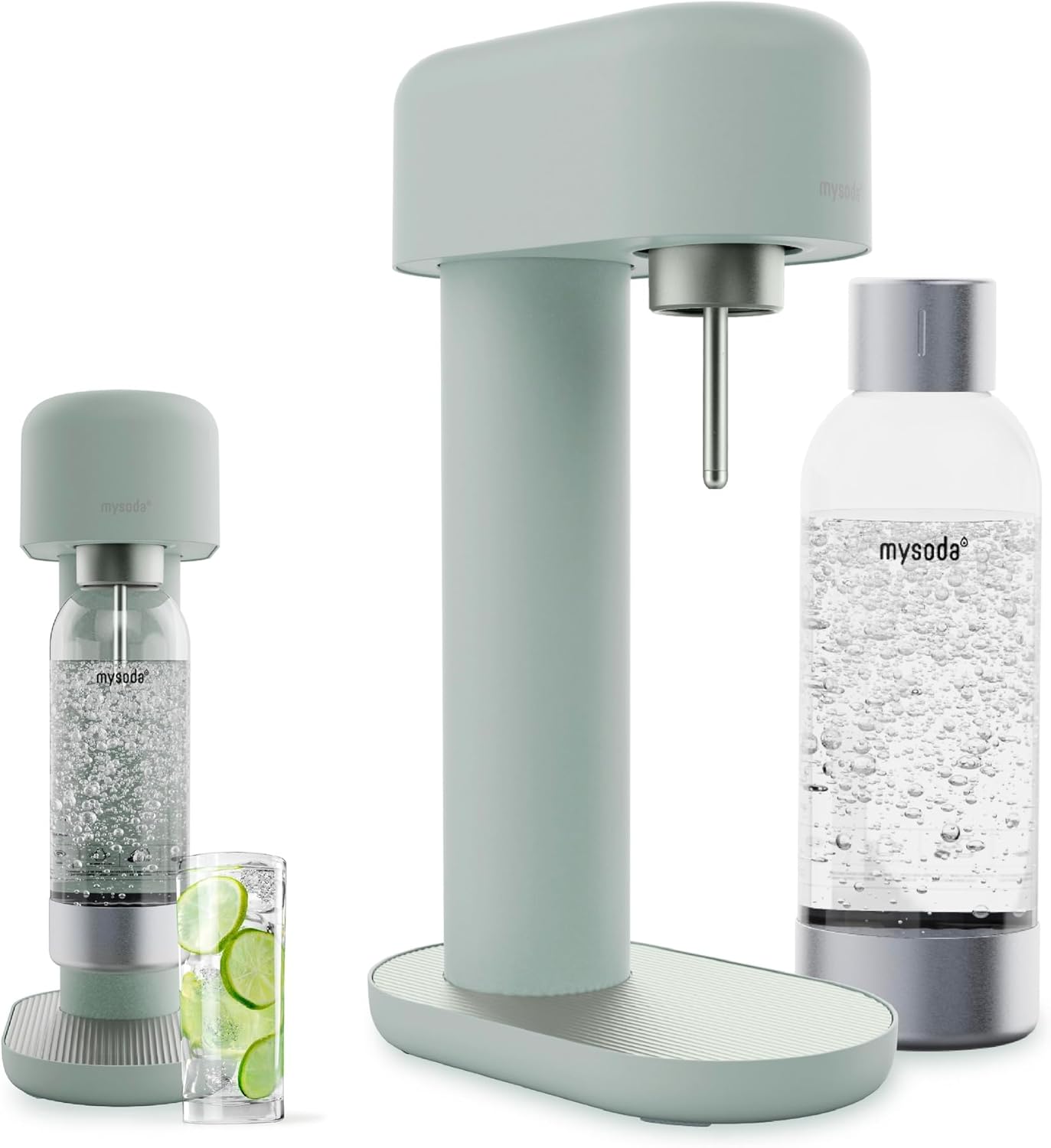 Mysoda Ruby 2 Sage Green Silent Soda Maker - Durable Aluminum Carbonated Water Machine with 1L Quick-Lock Bottle