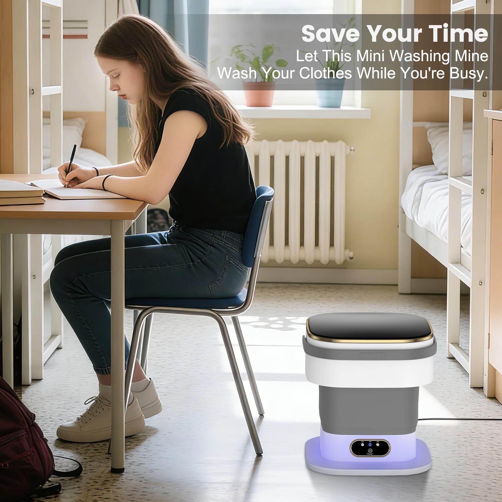 Mini machine à laver,machine à laver portable améliorée de 15 L,3 programmes de lavage avec essorage, adapté aux vêtements légers et petits, pliable, idéal pour les appartements et le camping (gris)