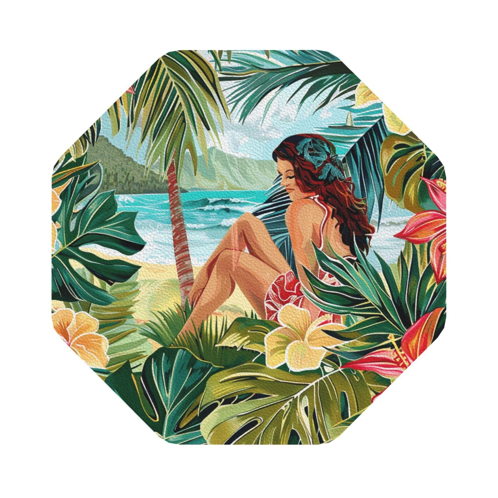 summer hawaiian art Print Leather Coaster Set of 6, Octagon Coasters Table Decorative Coffee Cup Beverage Coasters Wine Beer Bar Coasters for Hot Drinks Table Protection