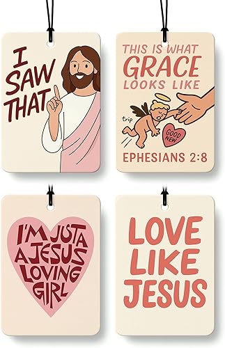 Miniatura 10 de Ambientador retro cristiano para automóvil, 4 piezas, aroma de coco, accesorios de coche de fe religiosa, decoración de espejo para mujeres, fresa,