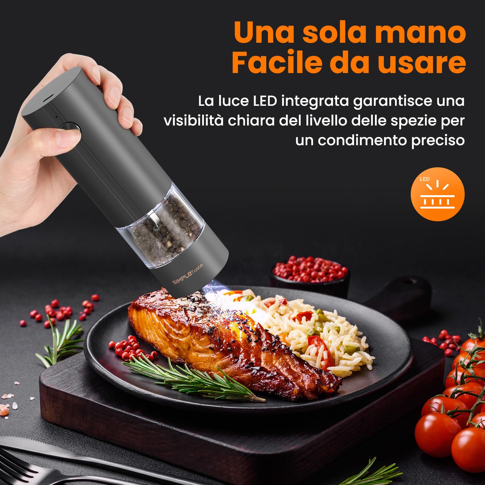 SIMPLETASTE Macina Sale e Pepe Elettrico Ricaricabile con Luce LED e Coperchio Antipolvere, Macinino Automatico con Grana Regolabile, Uso con una Mano, Ideale per Cucina, Tavola e Regalo
