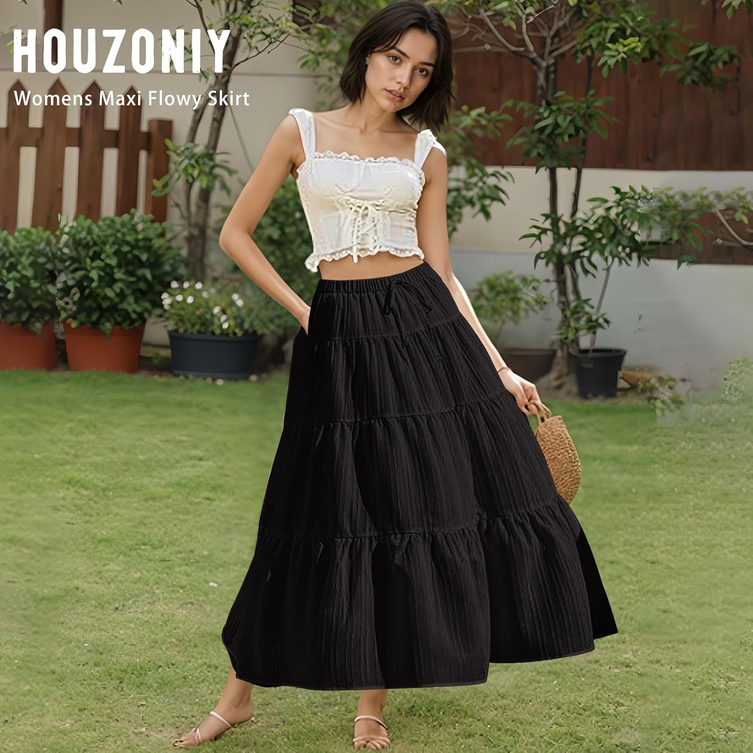 HOUZONIY Womens Maxi Skirt Flowy Elastic Waist Tiered Pleated A Line Summer Boho Trendy Cute Pull On Long Skirts - Image 2