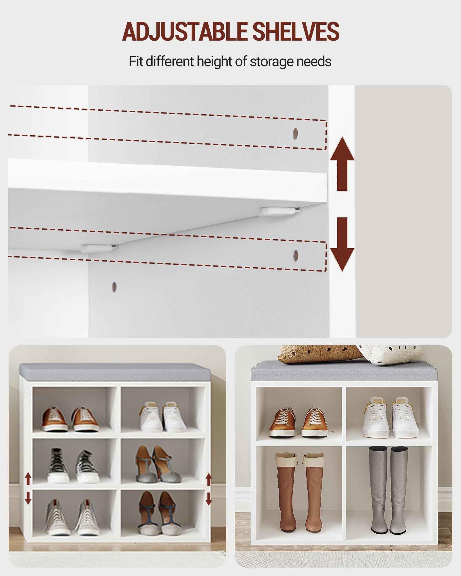 Hzuaneri Schuhbank mit Sitzfläche, weiß-grau, 6 Fächer, 30x60x52,7cm | Schuhregal, Sitzbank mit Stauraum, Kissen, verstellbare Ablagen, für Wohnzimmer, Flur, Schlafzimmer, SB09903X