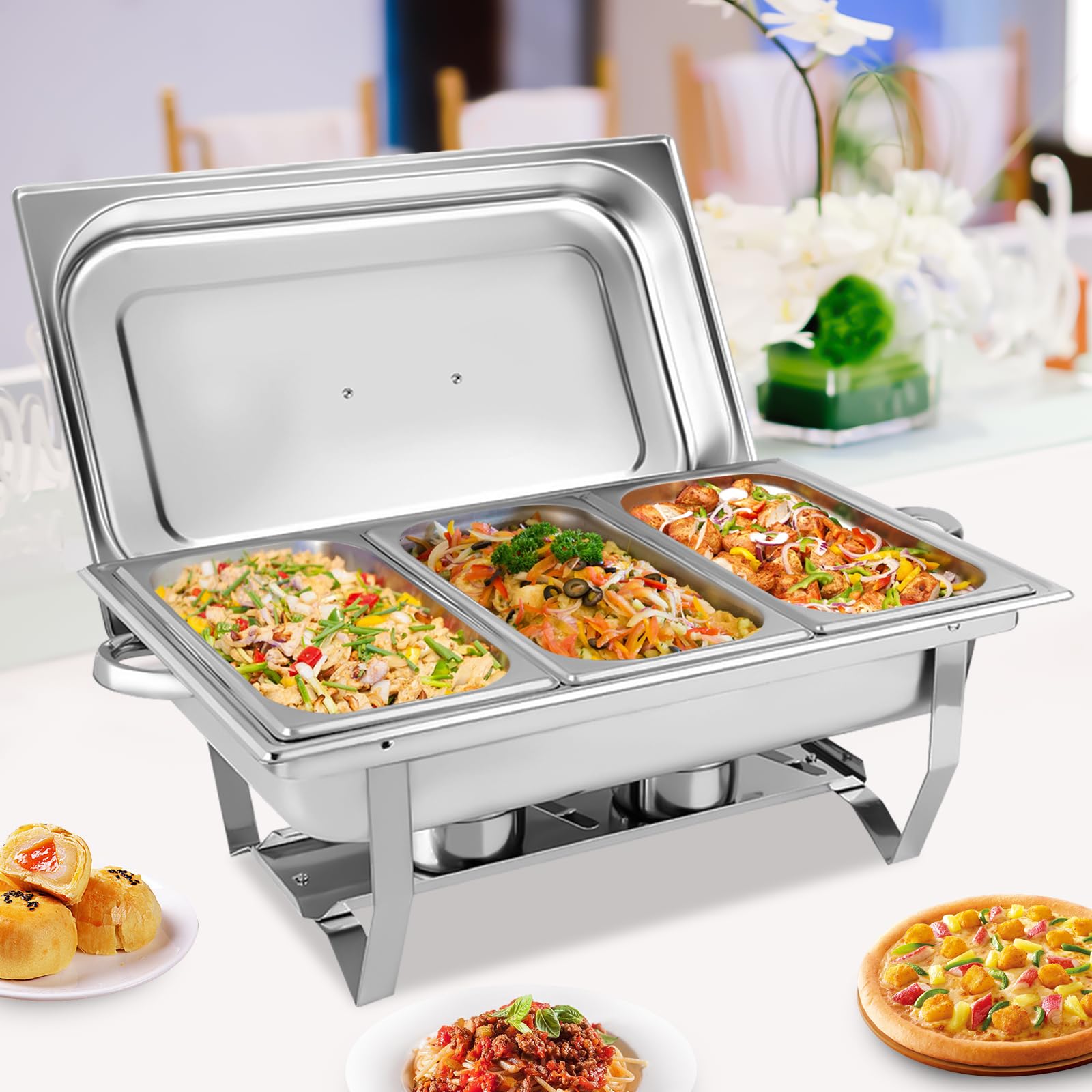 3 Grid Chafing Dish, 9 l podgrzewacz do potraw ze stali nierdzewnej, pojemnik utrzymujący ciepło, pojemnik na ciepło, do podgrzewania potraw, do cateringu, bufetu i na imprezę