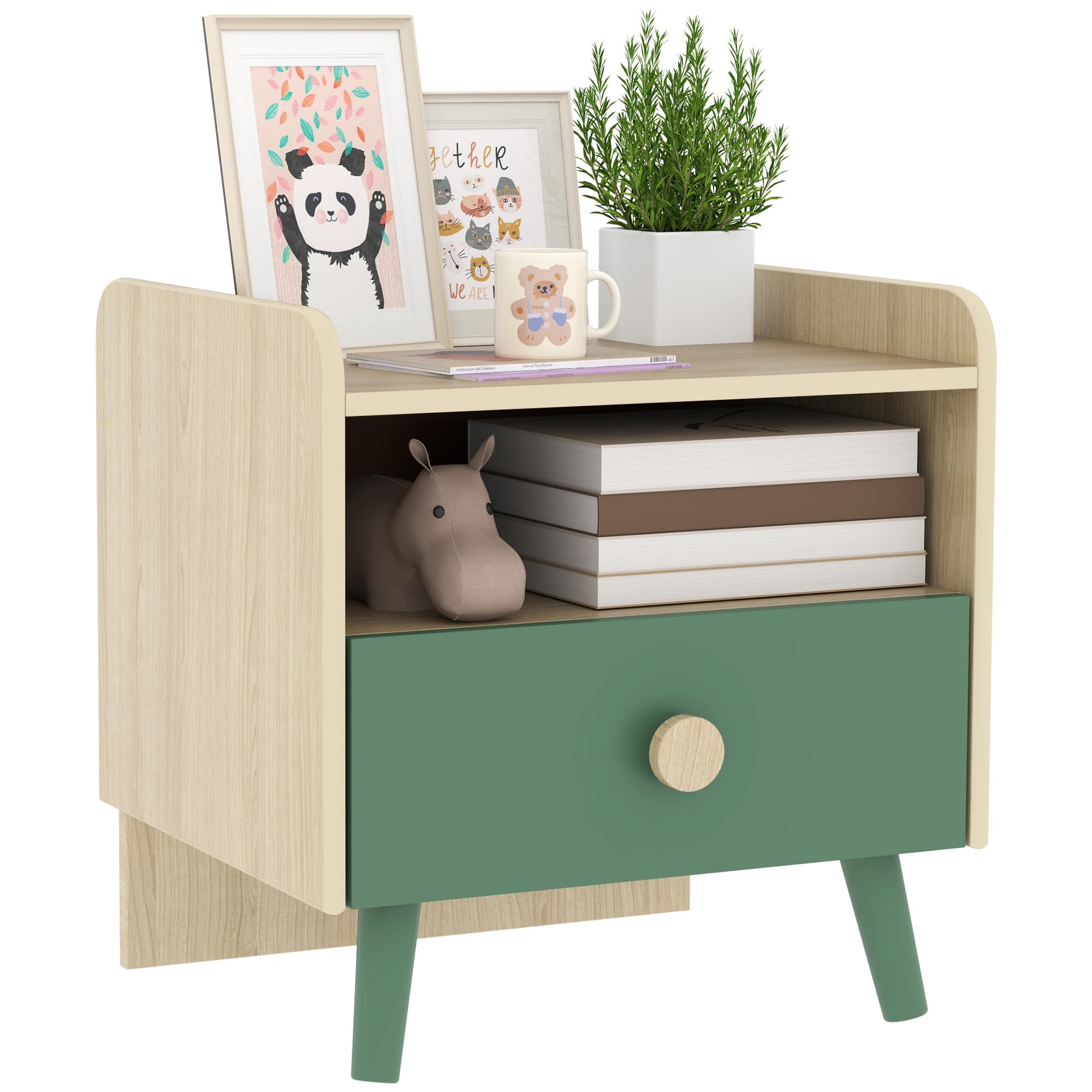 AIYAPLAY Mesilla de Noche Infantil mesilla de Noche Infantil con cajón y nicho, mesita Auxiliar de Madera para Dormitorio Infantil, 40L x 32,5A x 40H cm, Verde